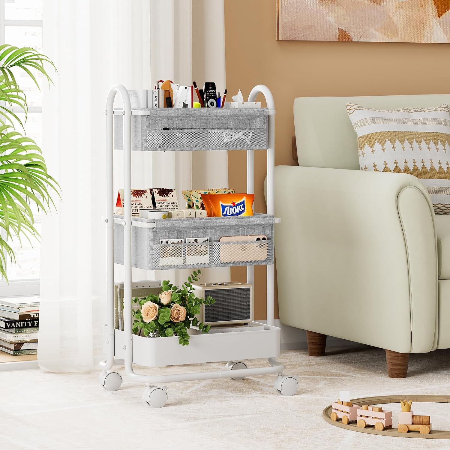 Baby Diaper Caddy Organizer Cart - 3 Tier Rolling Storage Cart with Wheels, Baby Essentials for Nursery Storage