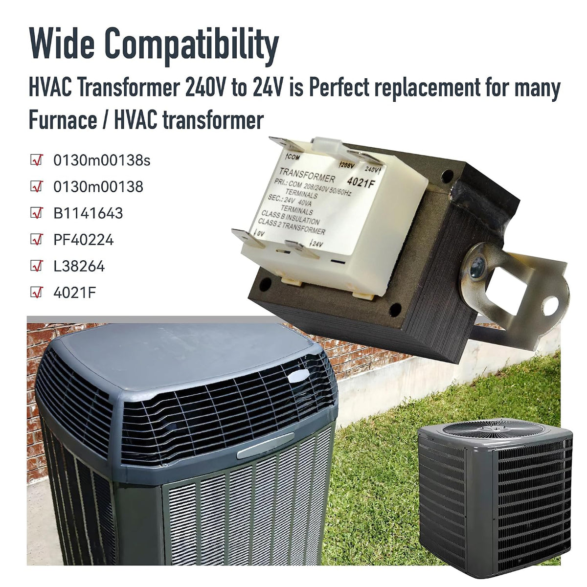 0130M00138S 240V to 24V Transformer Compatible with Goodman Amana 40VA Furnace Transformers, HVAC Parts Replaces B1141643 B11416-43 PF40224 L38264, 208/240V to 24V Furnace Transformer, Class 2 Control