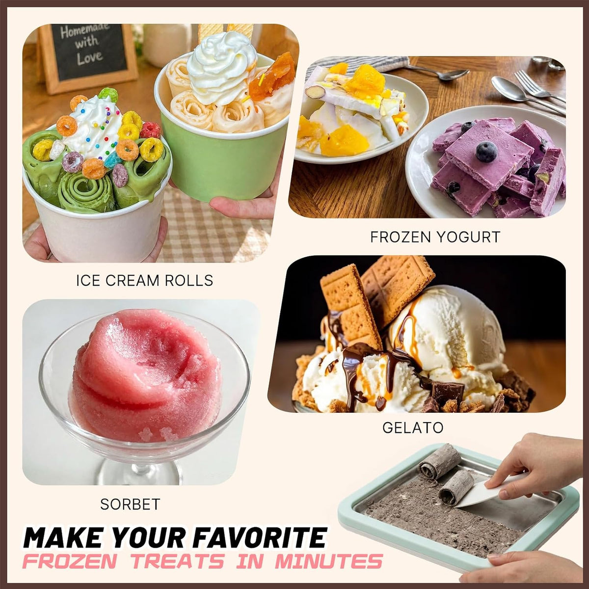 Rolled Ice Cream Maker Kit with Lid and 2 Spatulas, Rolled Ice Cream Tray