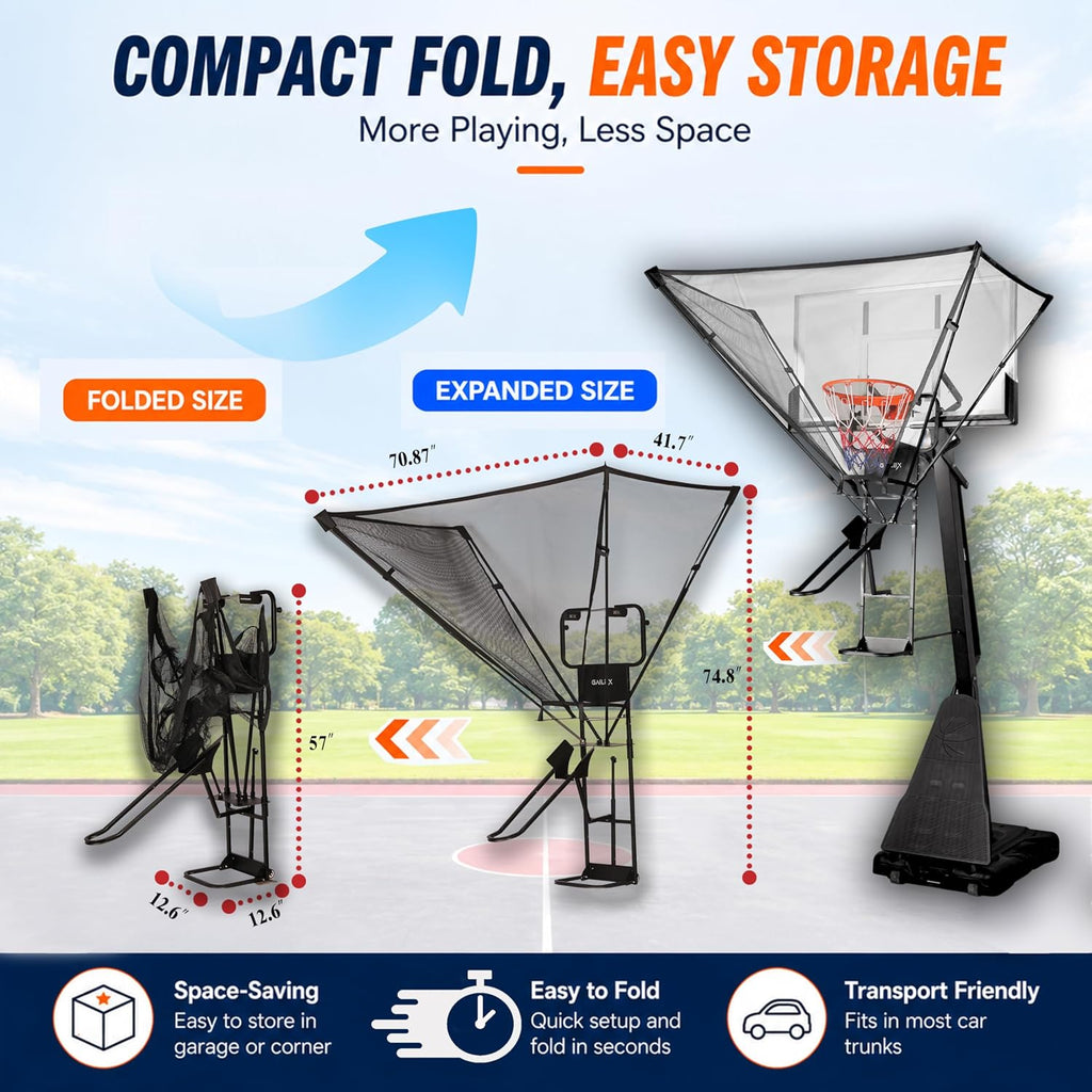 Basketball Return System, Automatic Ball Return Net, 180° Rotating Chute, Quick Fold & Fast Storage, Roll & Go
