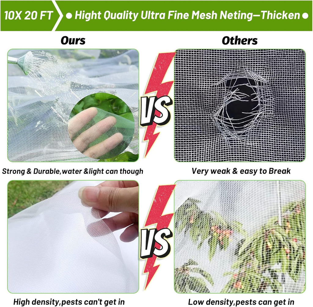67pcs Garden Mesh Netting Kit,6 Sets Wide Garden Hoops with 10x20 ft Garden Covers Bird Netting& 12 Clips, Garden