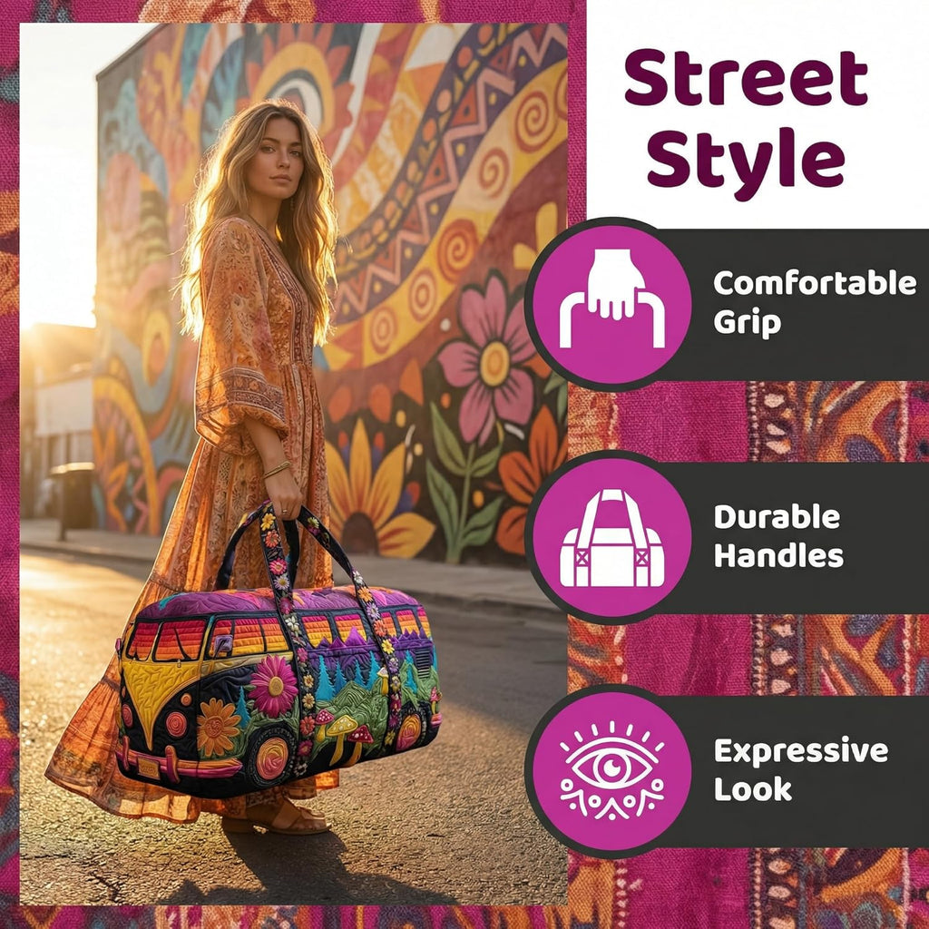 Hippie Journey Quilted Duffel Bag Vintage Floral Hippie Van Travel Duffle Bag Boho Travel Weekender Bags Overnight