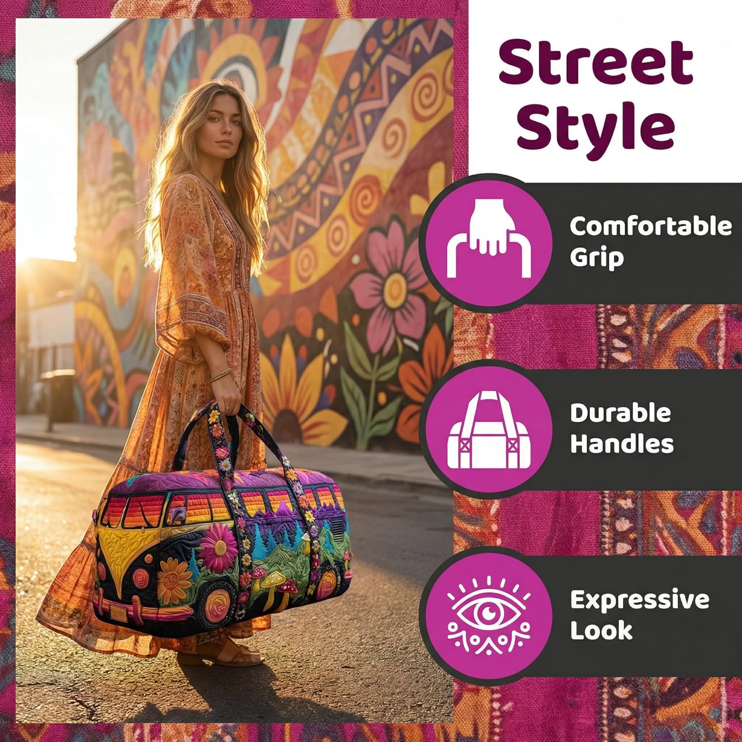 Hippie Journey Quilted Duffel Bag Vintage Floral Hippie Van Travel Duffle Bag Boho Travel Weekender Bags Overnight