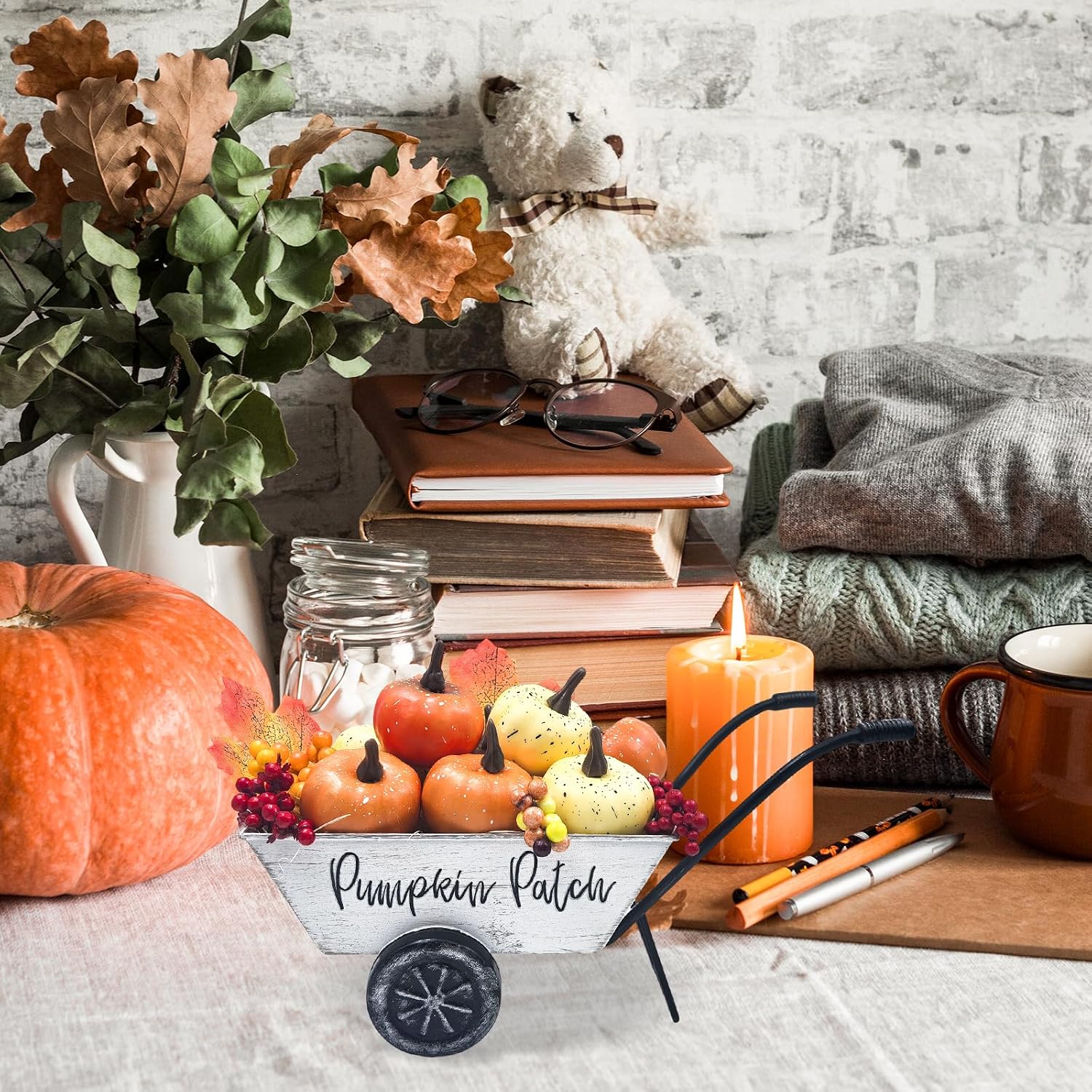 Fall Thanksgiving Centerpieces for Tables Metal Wheelbarrow White | Include Pumpkins Berries Fall Leaves