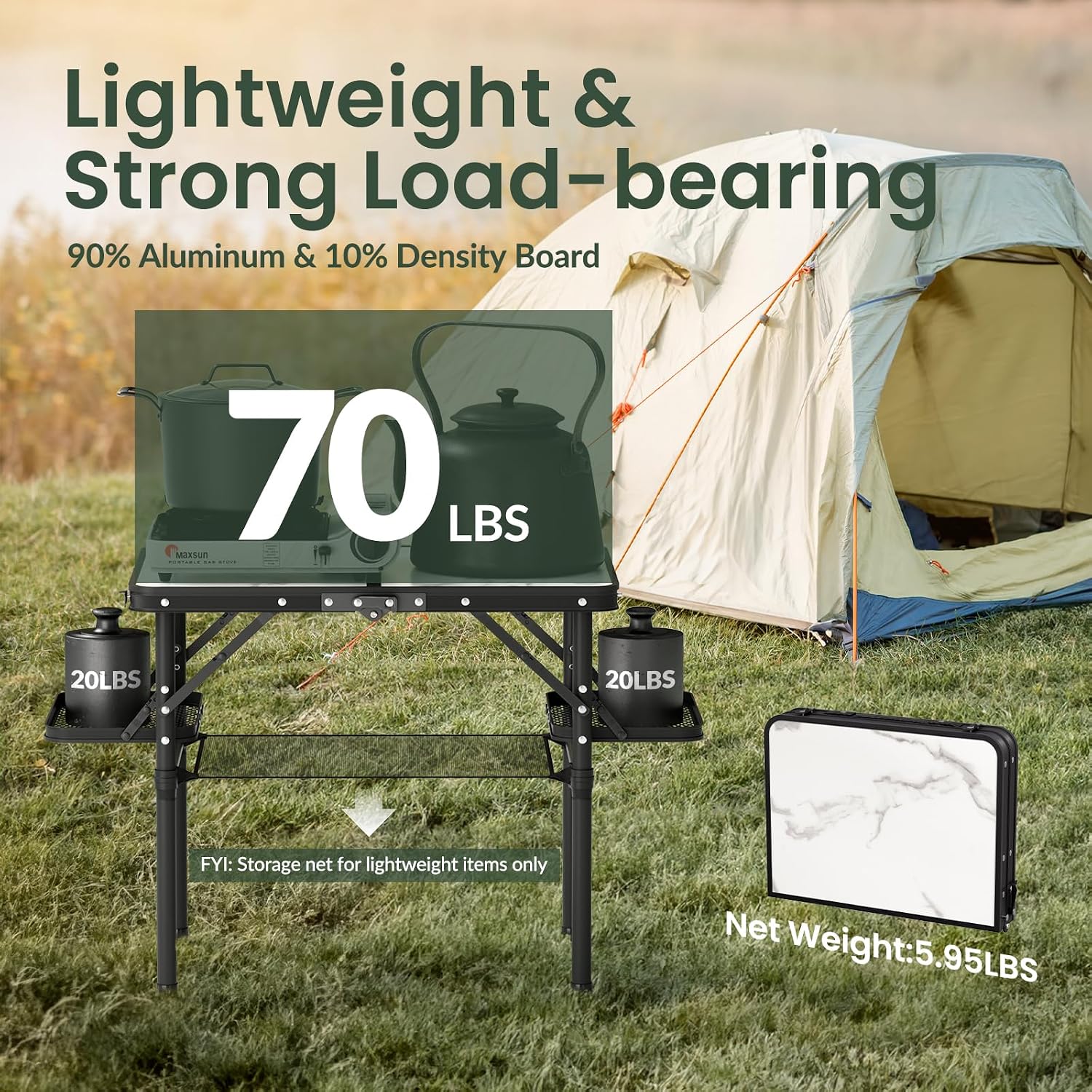 Small Camping Table Foldable 2ft, Folding Picnic Table with Side Racks & Net, Folding Camp Table Portable Beach