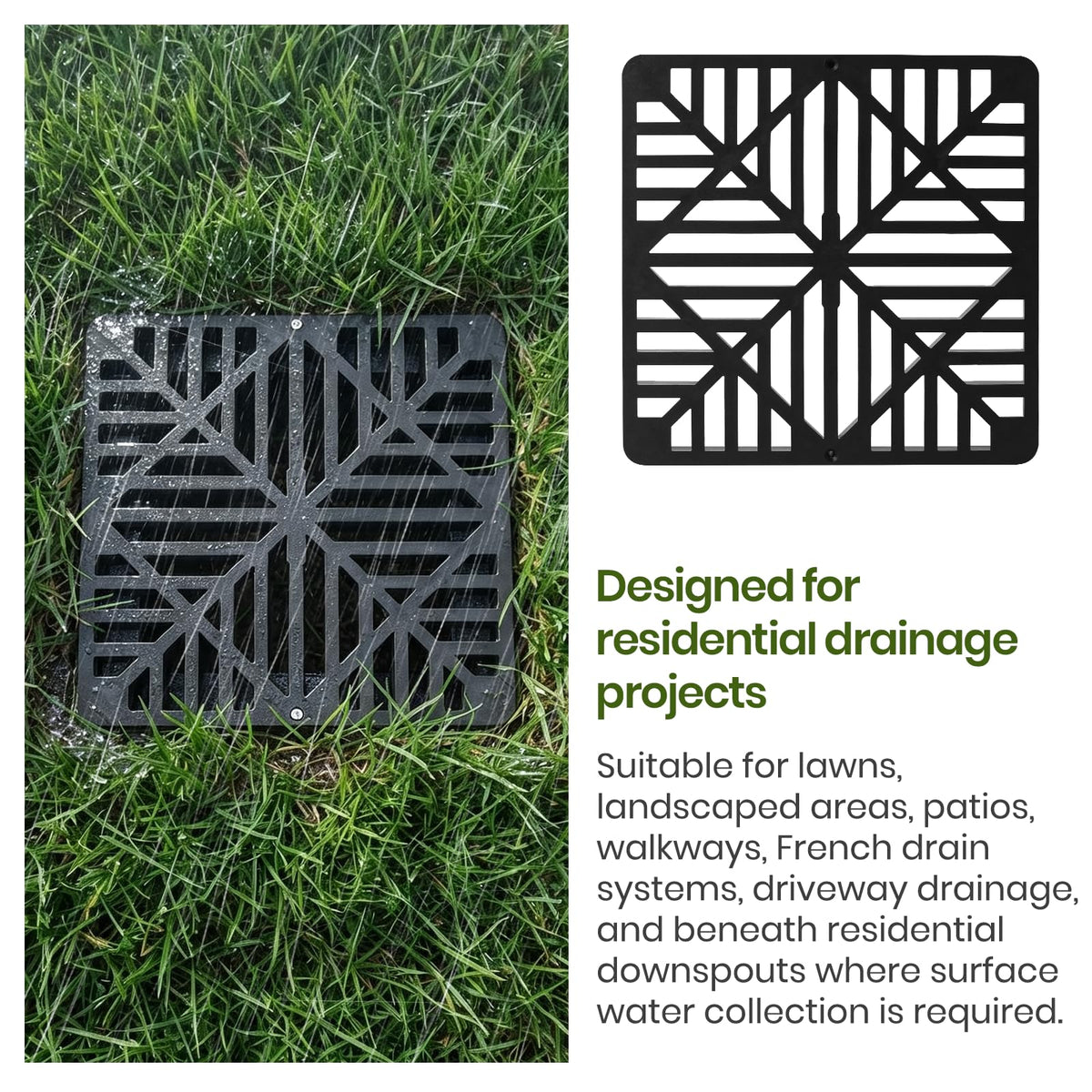 2 Pack 9" Square Catch Basin Drain Grate, Fiberglass Reinforced