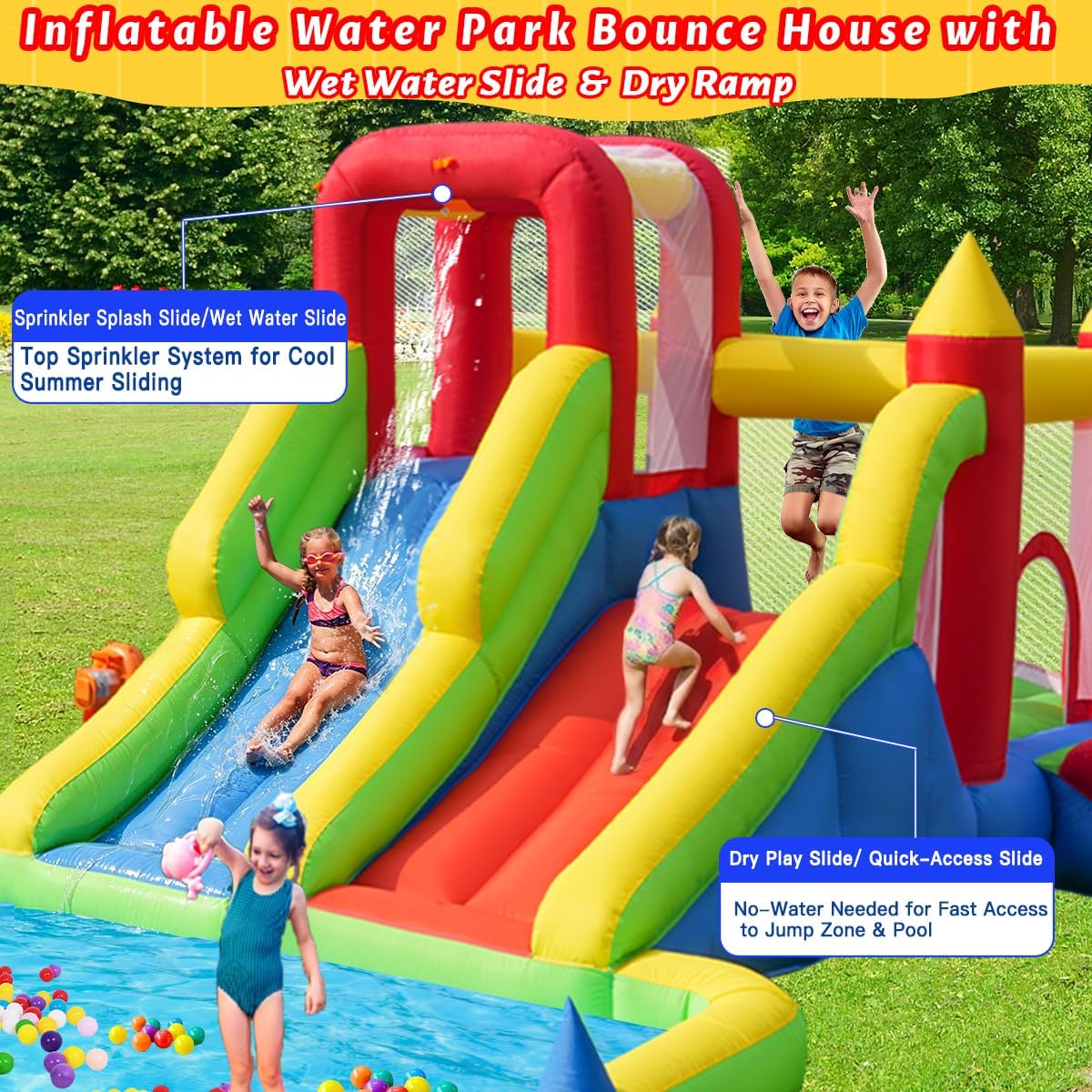 Inflatable Water Park Bounce House with Wet Water Slide & Dry Ramp | Combines 3 Slides,Bouncer, Climbing Wall,Top
