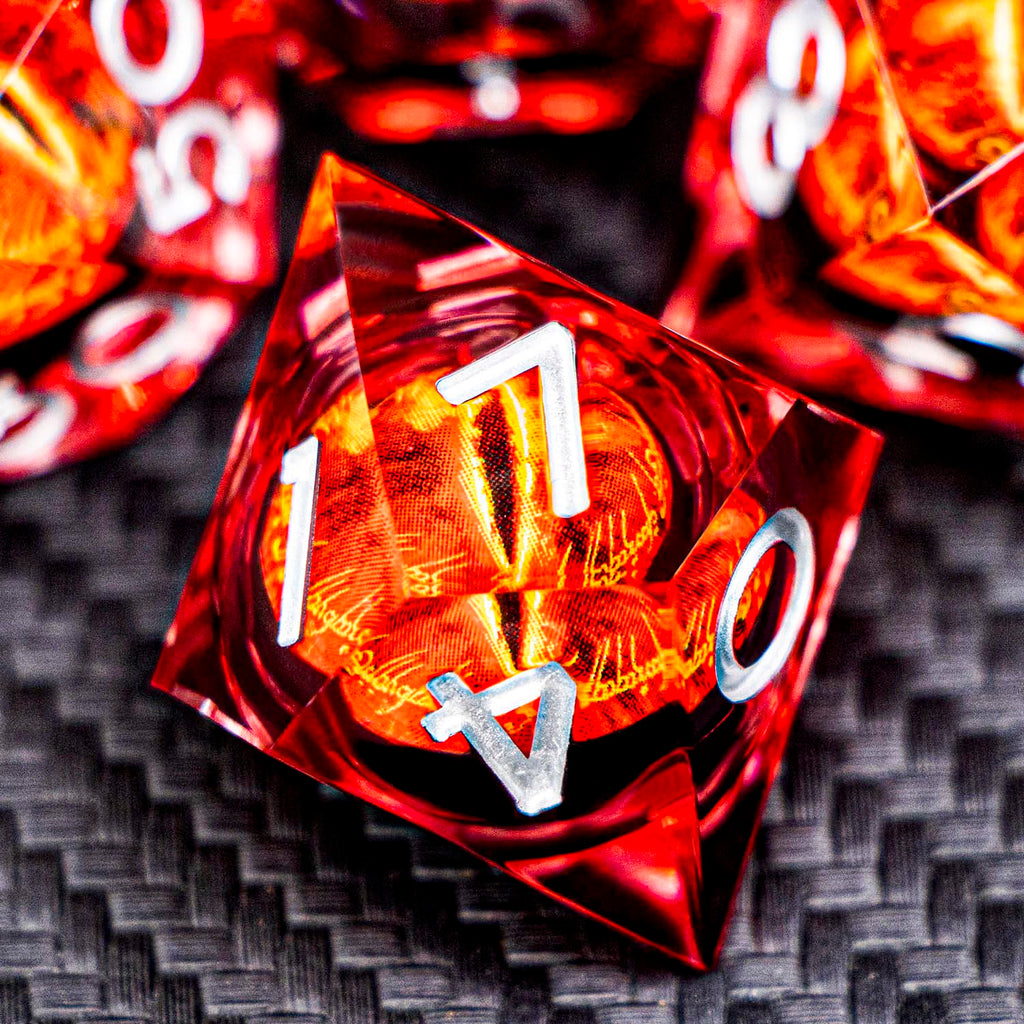RPG Resin Dice Gazes Eye Dice Silver Red Liquid Core Flaming RPG Sharp Edged Dice Set with Gift Box, Polyhedral D and