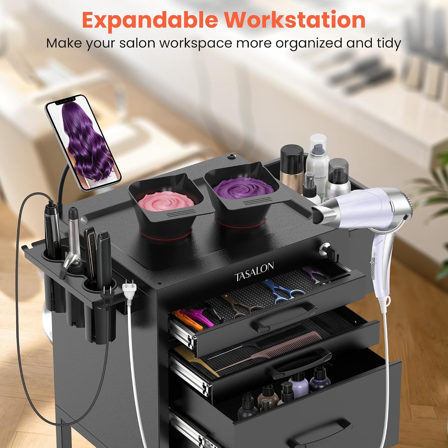 Salon Trolley Cart with Wheels, Lockable Metal Rolling Cart with Drawers, Magnetic Bowls & Phone Holder, Mobile