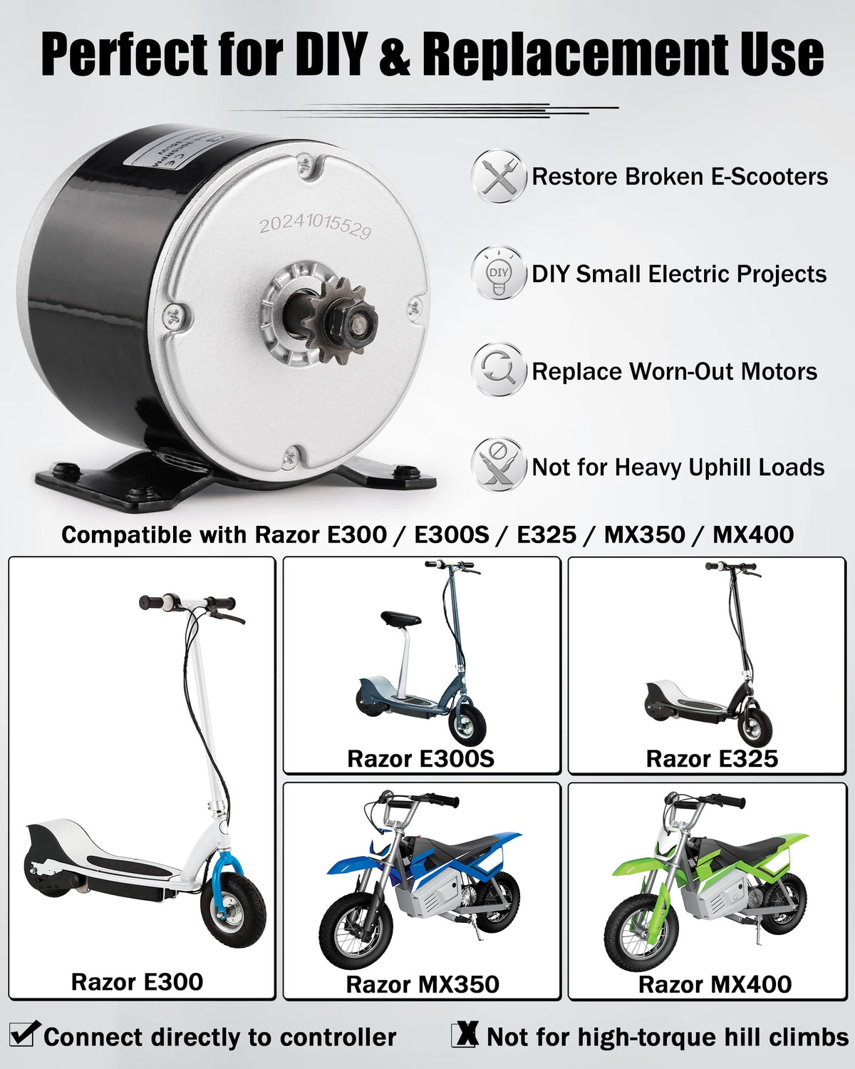 24V Brushed Electric Motor for E Scooter, 350W Scooter Replacement Motor