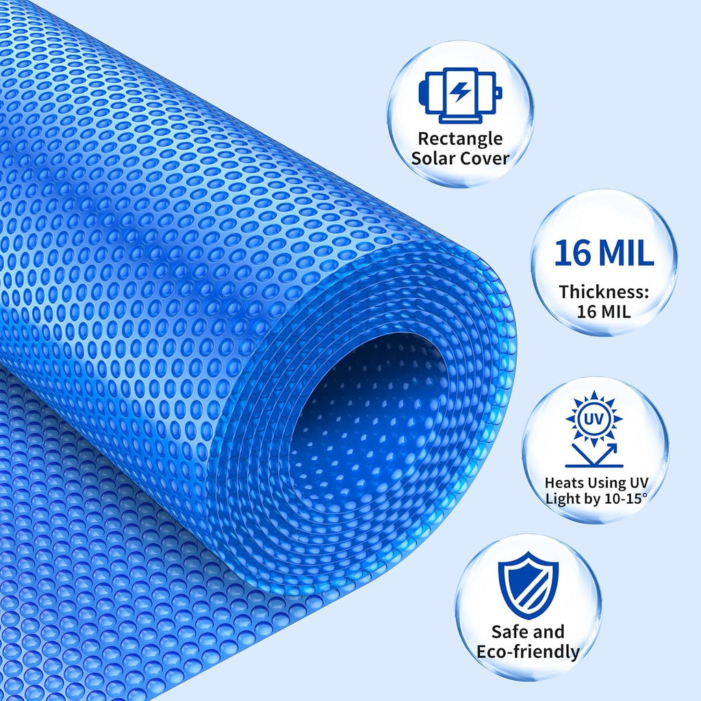 Heavy-Duty Solar Pool Cover 6x12ft - 16Mil Blue | Rectangle for Small Above Ground & Inground Pools, Heat-Retaining