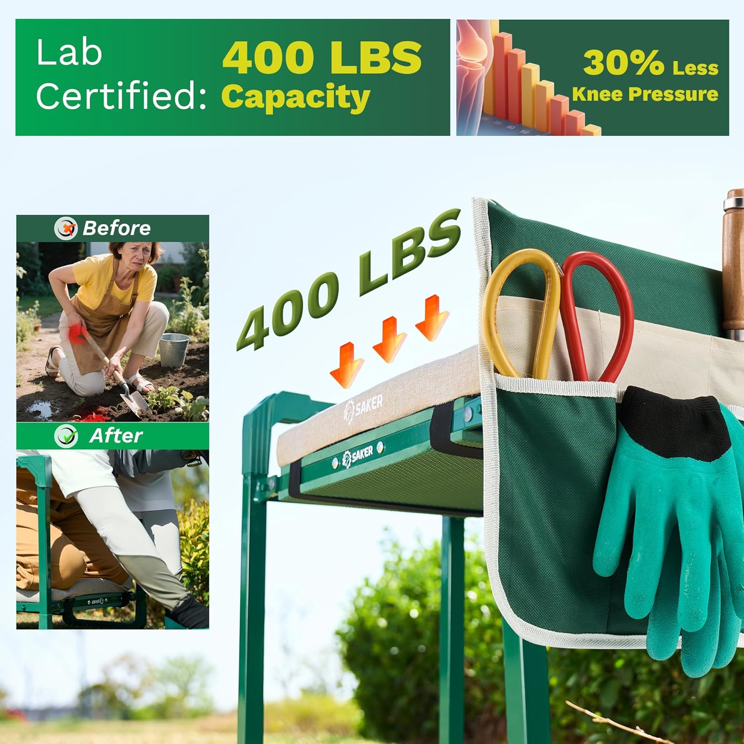 Garden Kneeler and Seat Foldable Gardening Stool with Extendable Legs & Thickened Pad, Tool/Storage Bag, Heavy Duty