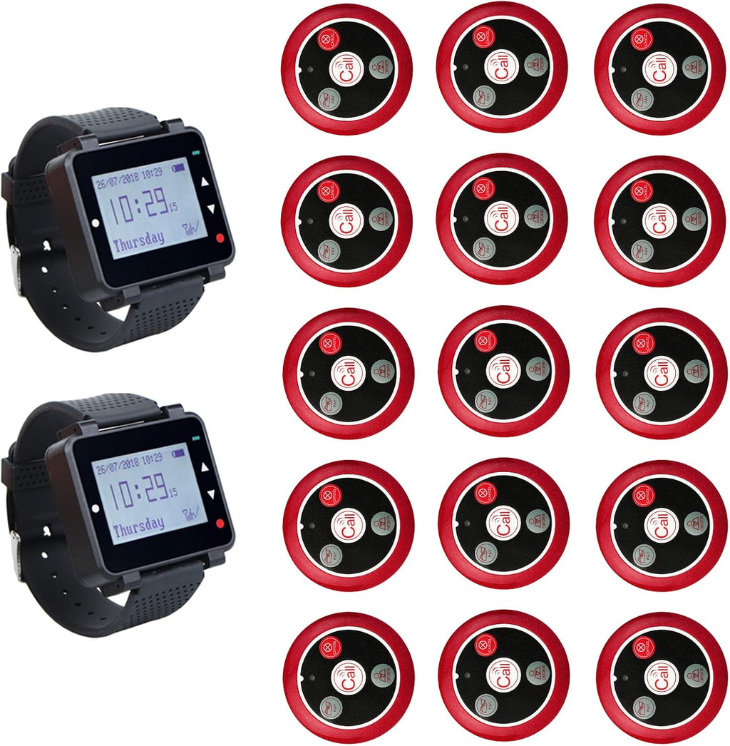T128 Wireless Calling System,Restaurant Paging System,Wrist Pager,Rechargeable Battery,2Receiver,15 Call Button for