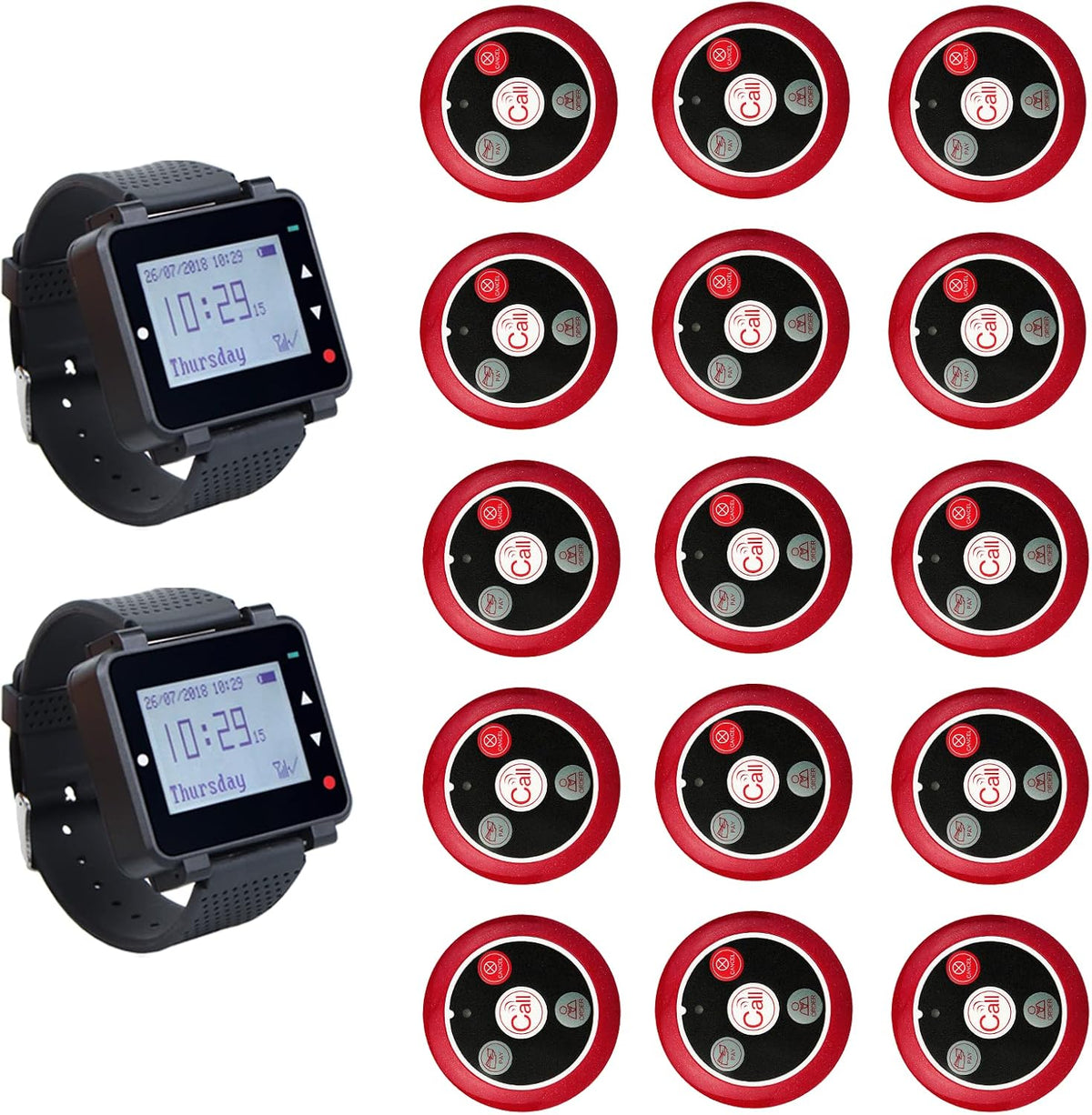 T128 Wireless Calling System,Restaurant Paging System,Wrist Pager,Rechargeable Battery,2Receiver,15 Call Button for