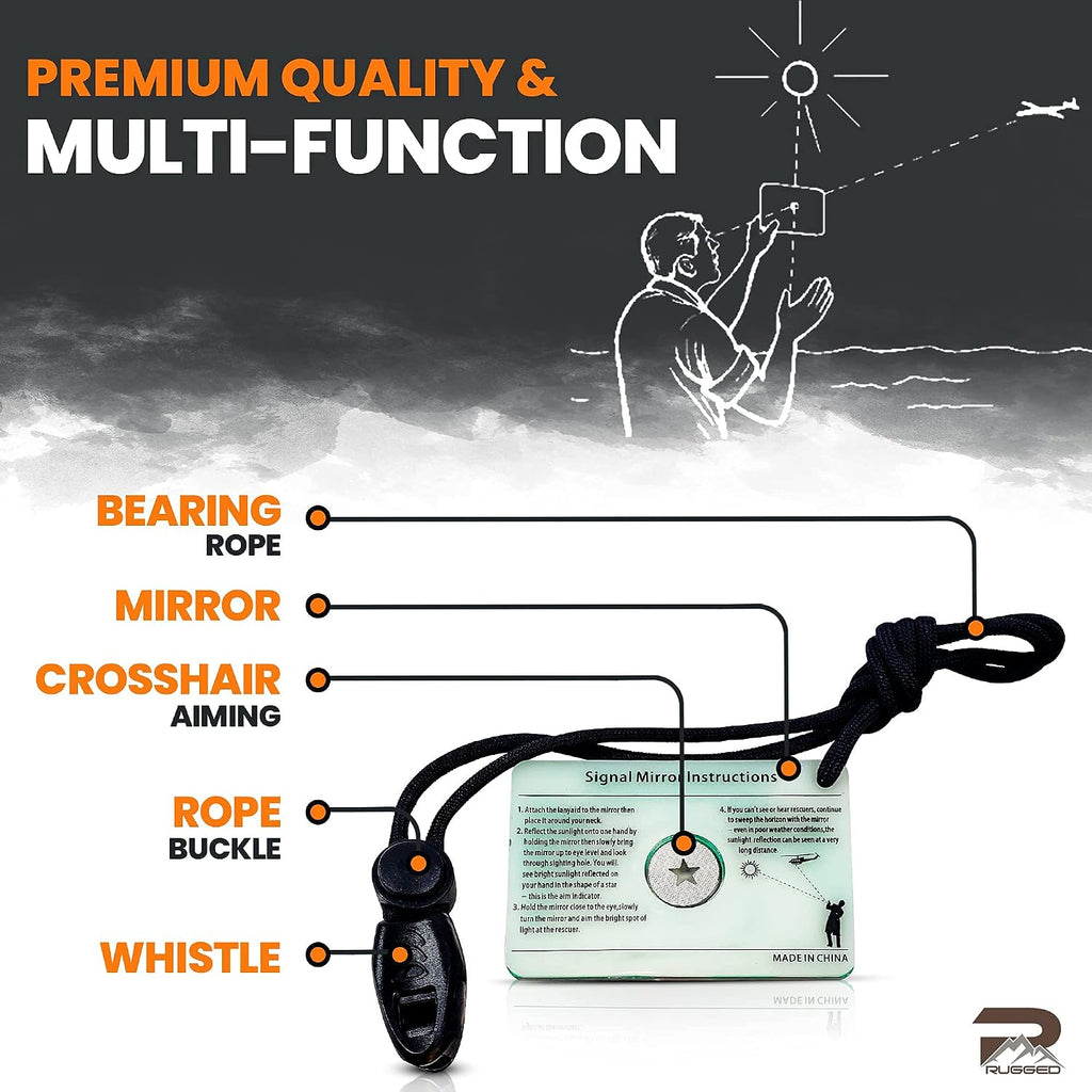Rainier Rugged 5-in-1 Glow-in-The-Dark Fire Starters Kits with Compass, Signal Mirrors, Whistles -Magnesium Ferro