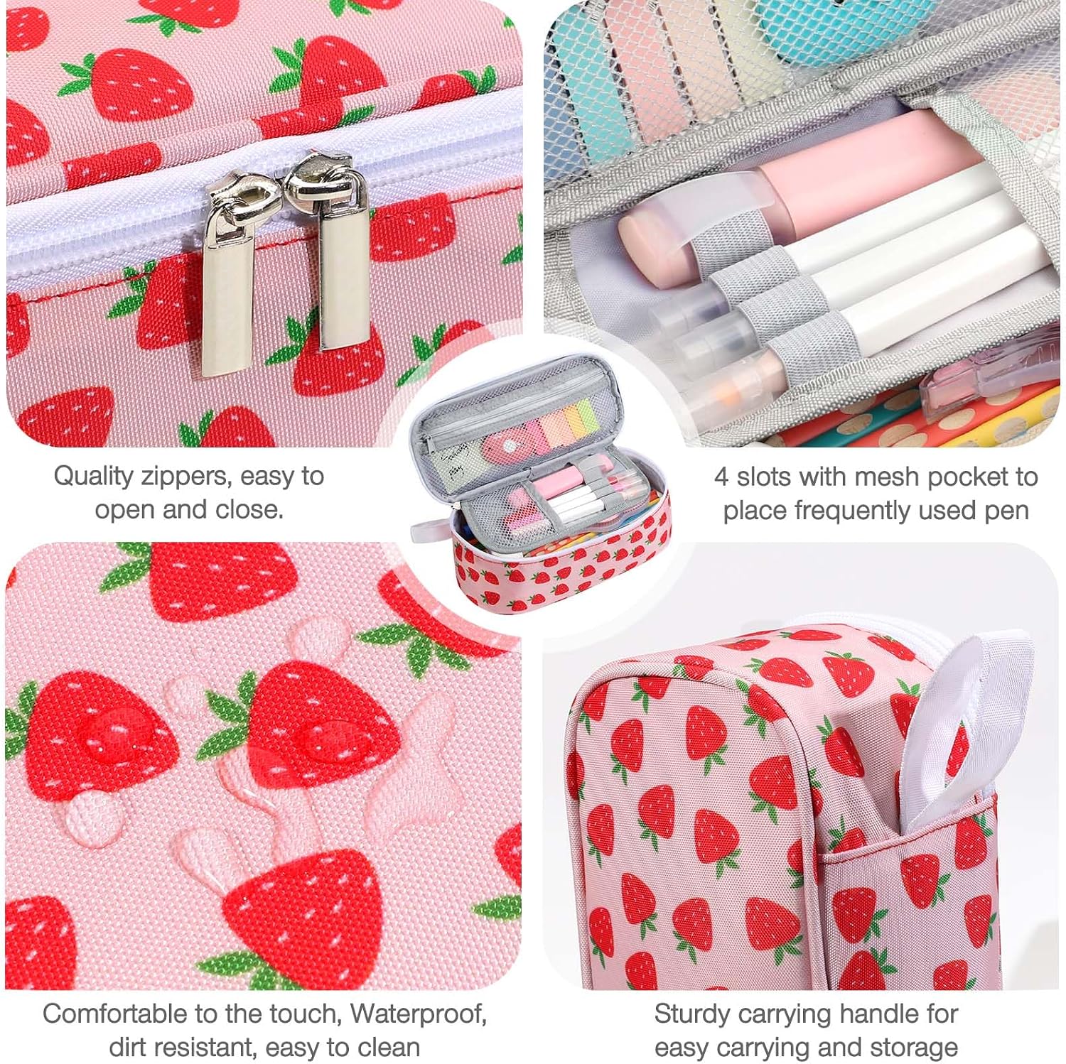 Large Capacity Pencil Case Portable Pencil Pouch Bag School Supplies for College Students Girls Boys Adults(Strawberry)