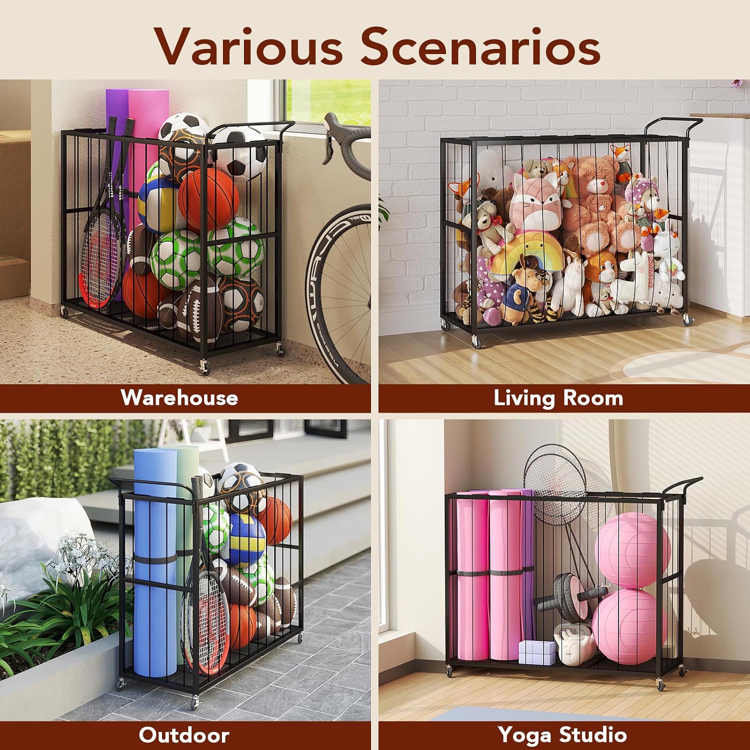 Ball Storage Bin Rolling Sports Ball Cart, Metal Garage Organizer Sport Rack, Ball Basket Storage, Ball Cage for