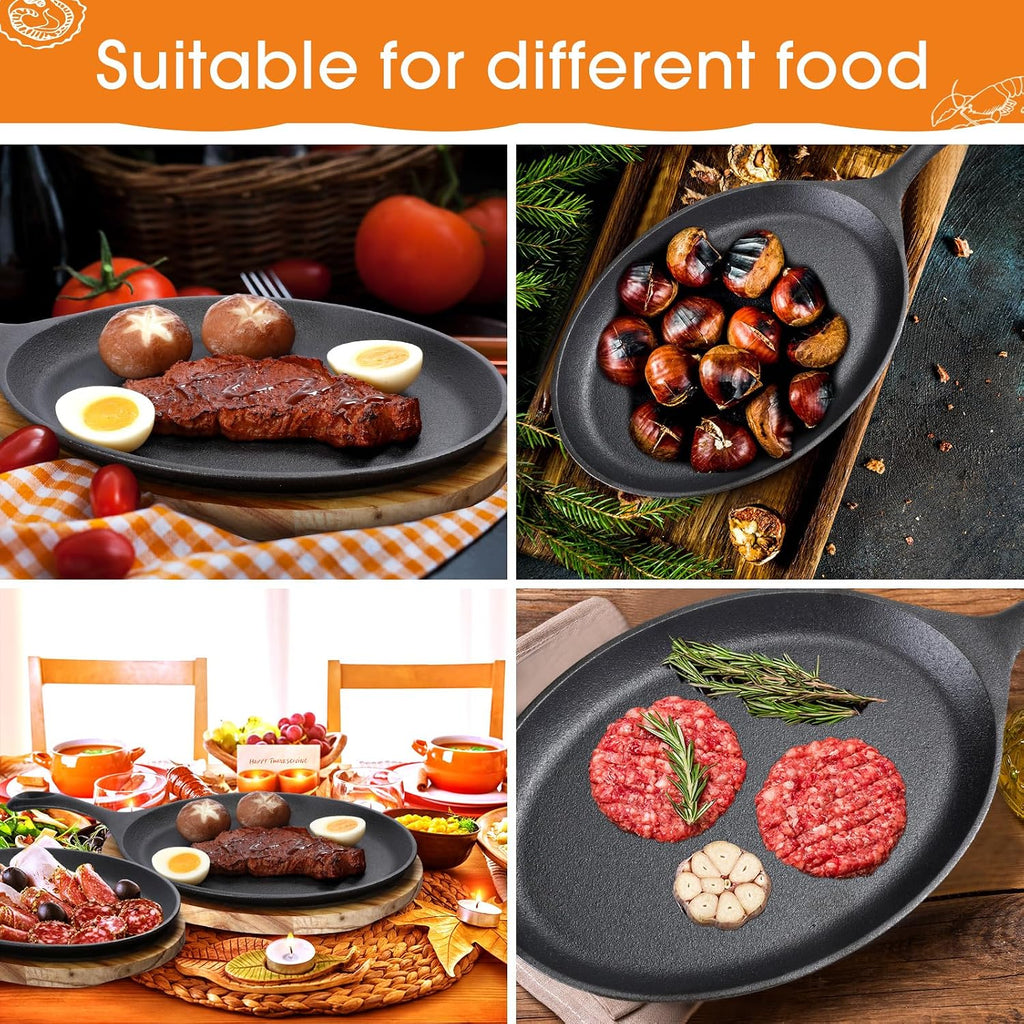 Cast Iron Fajita Skillet, Wooden Tray, Protective Mitt, 2 Sets