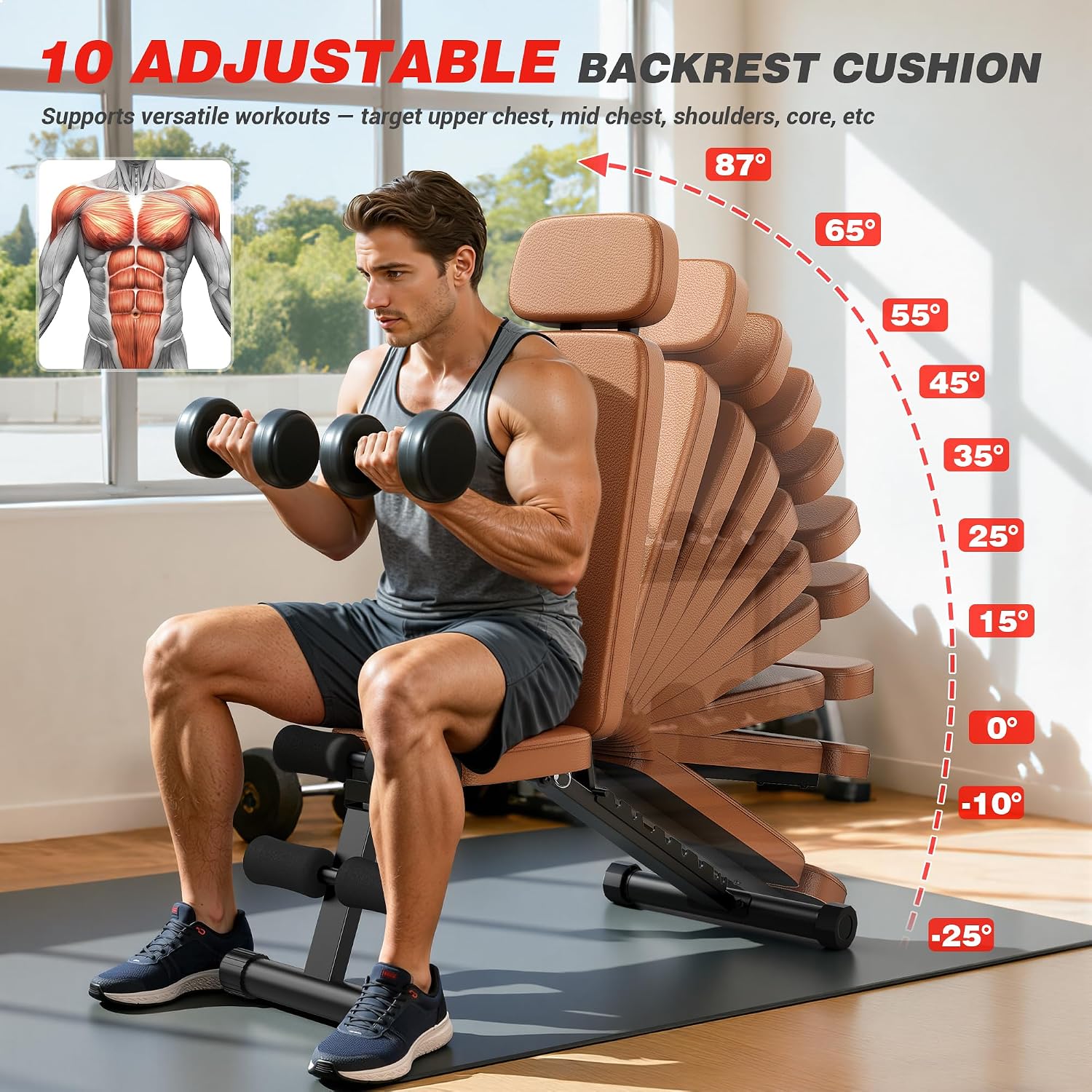 Workout Bench, 10 Backrests Adjustable Weight Bench with Extended Headrest, 800LBS Foldable Weight Bench for Home