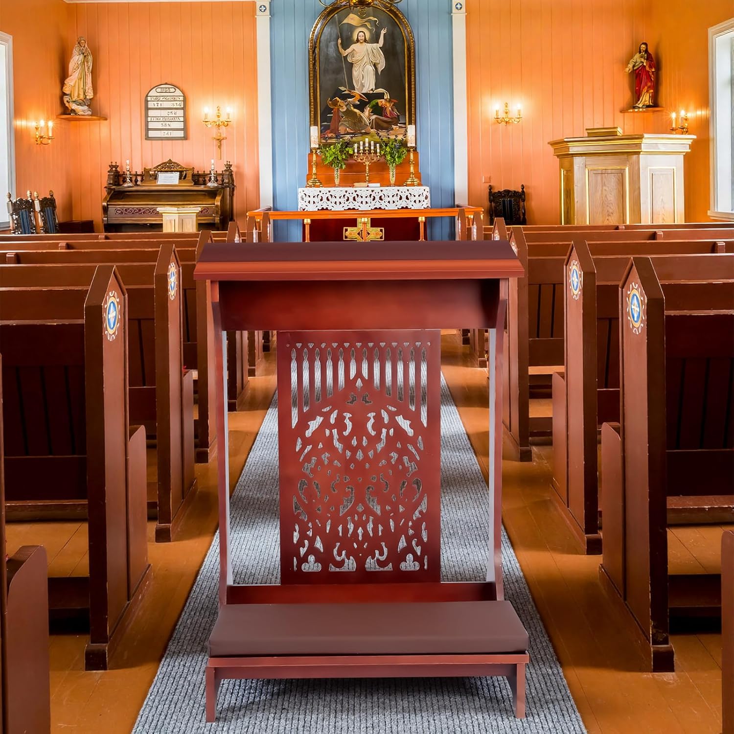 Tree of Life Church Prayer Bench Stool Wooden Padded Kneeler with Shelf and Cushion Prayer Kneeler for Home Church