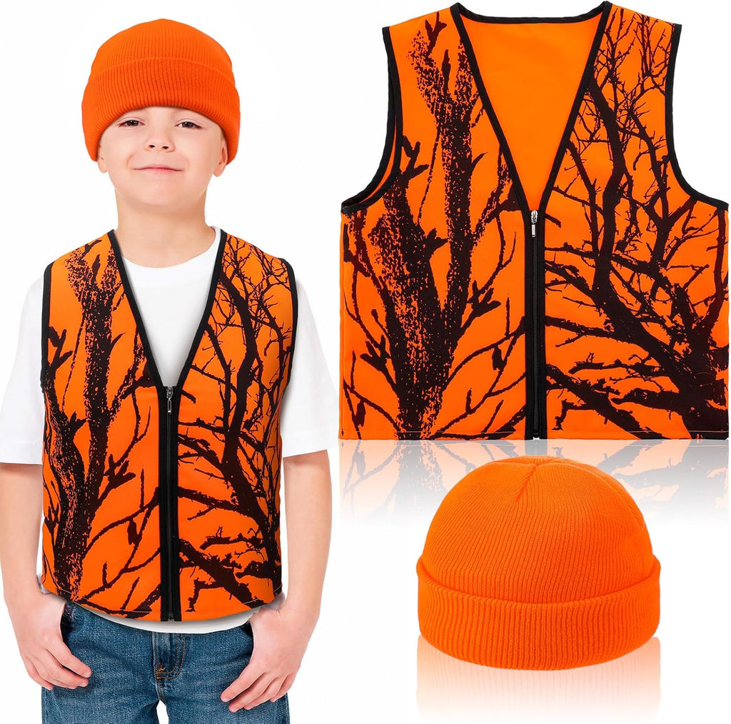 2 Pcs Kids Hunting Vest & Beanie Set Reflective Hunting Clothes Blaze Vests for Night Hiking Outdoor