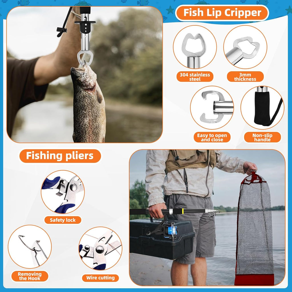 Telescopic Fishing Rod and Reel Combo 2 Pcs Collapsible Fishing Pole Kit with Plier Lip Gripper Lures Carrier Bag