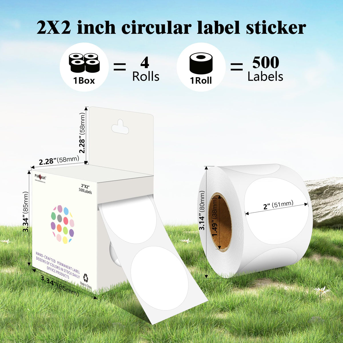 2 Inch Round Adhesive Color-Code Dot Stickers,4Rolls/2000 per Rolls dots Label Dispenser Box, Circle Stickers Label