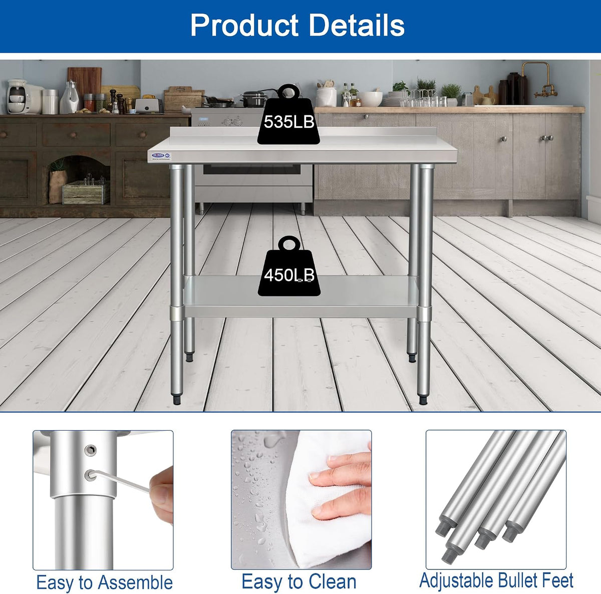 HARDURA Stainless Steel Table with Backsplash 24x48 Inches