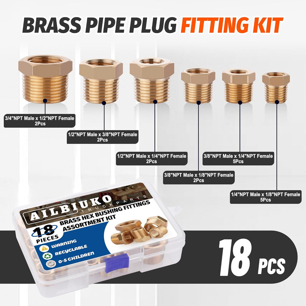 18PCS Brass Hex Reducer Bushing Fitting Kit,NPT Thread