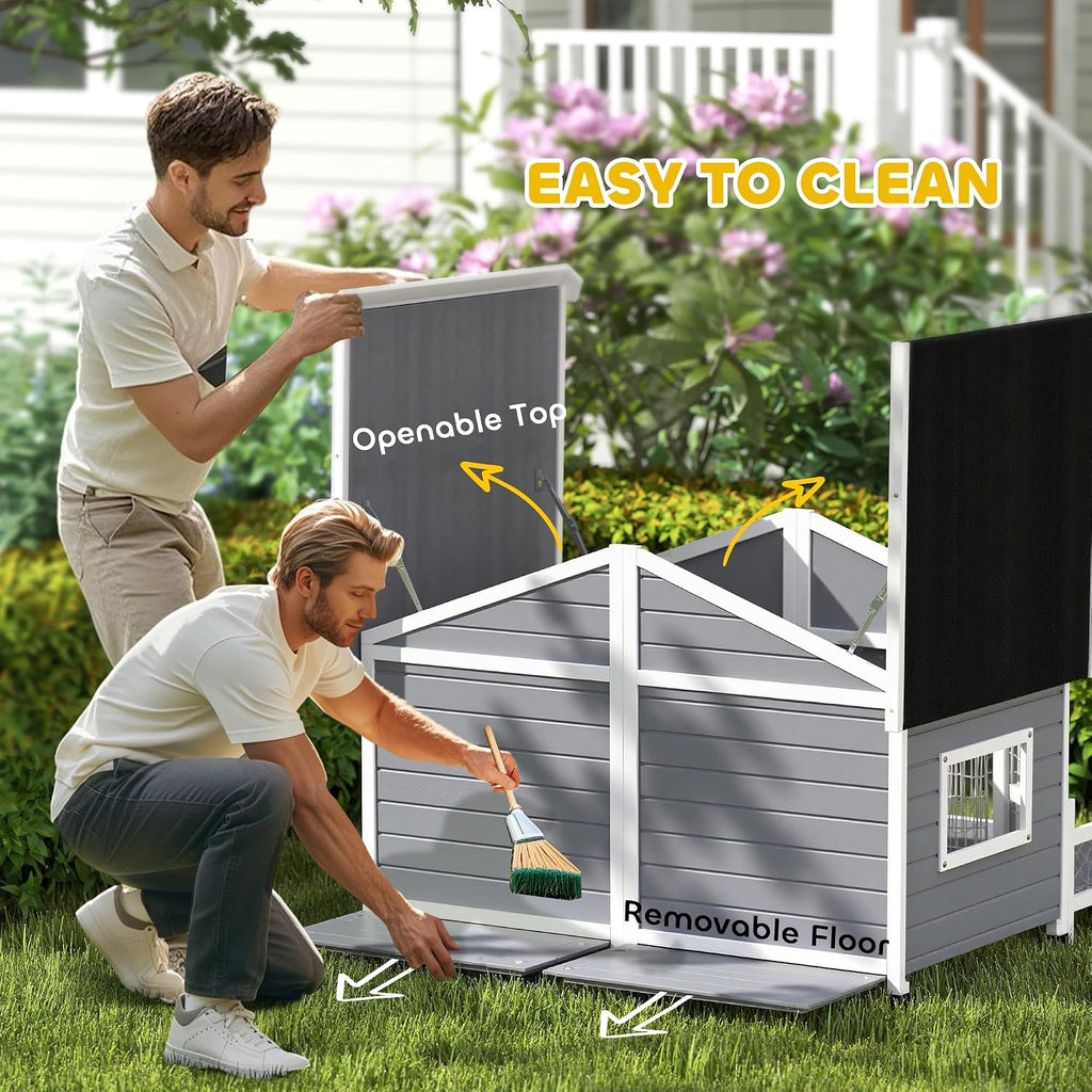 Dog House Outdoor, Wooden Dog Kennel Weatherproof with Porch, Openable Roof, Removable Bottom, Elevated Floor, Double