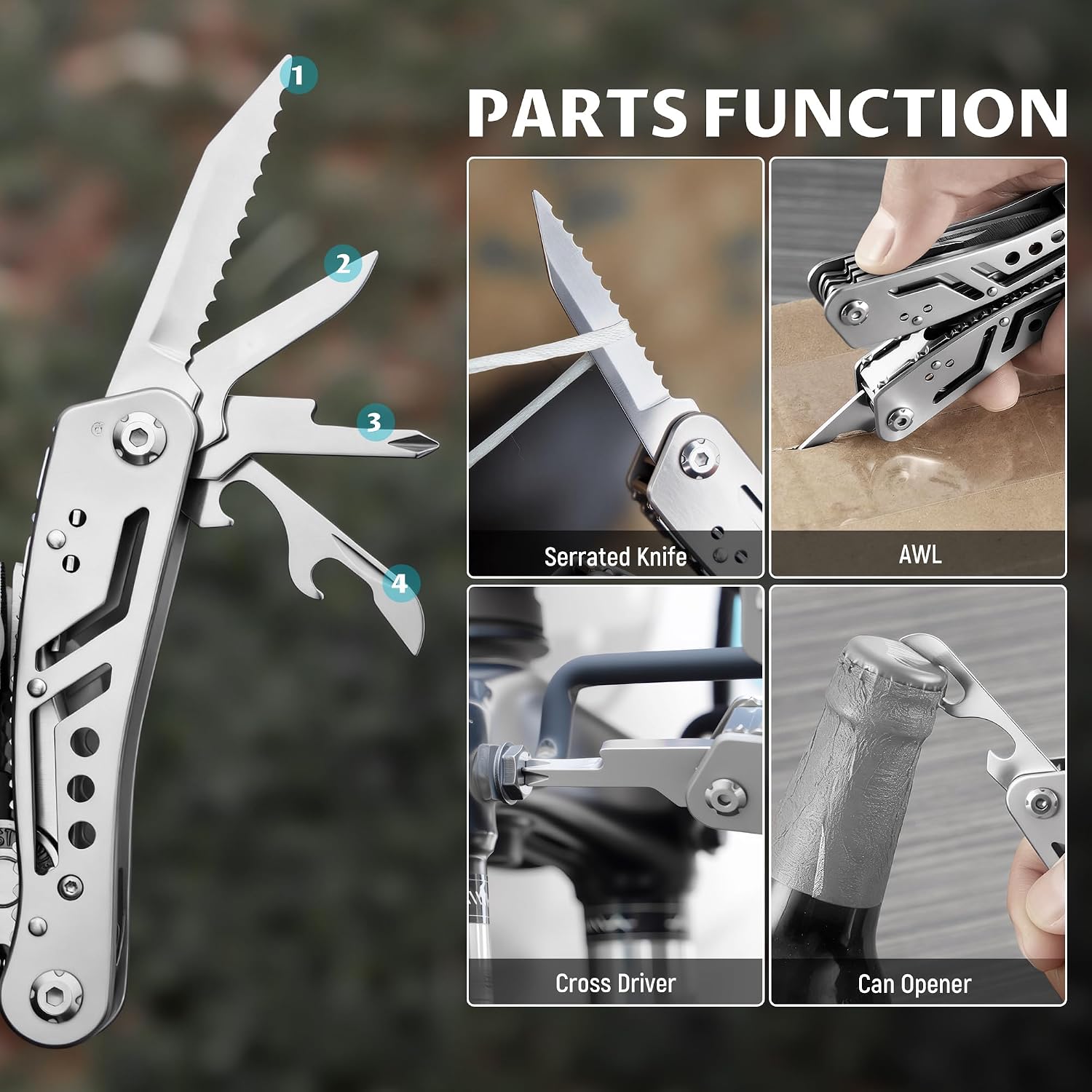 14-In-1 EDC Multitool Pliers with Nylon Sheath for Survival | Stainless Steel Multi Pliers, Pocket Knife, Bottle