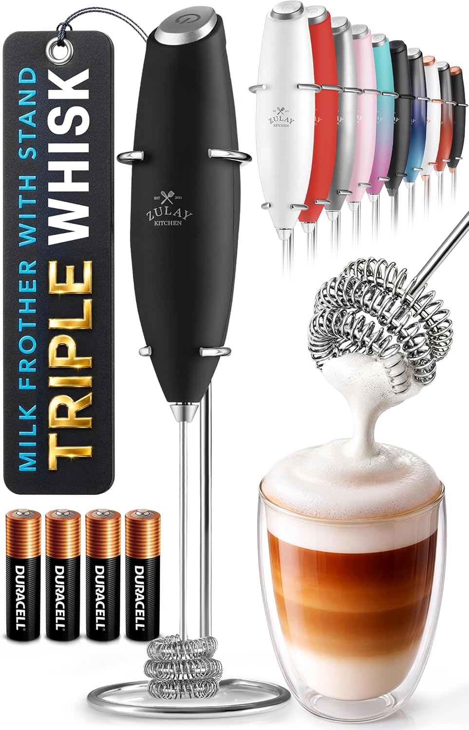 Powerful Milk Frother Wand With Duracell Batteries - Ultra Fast Handheld Drink Mixer - Electric Whisk Foam Maker for