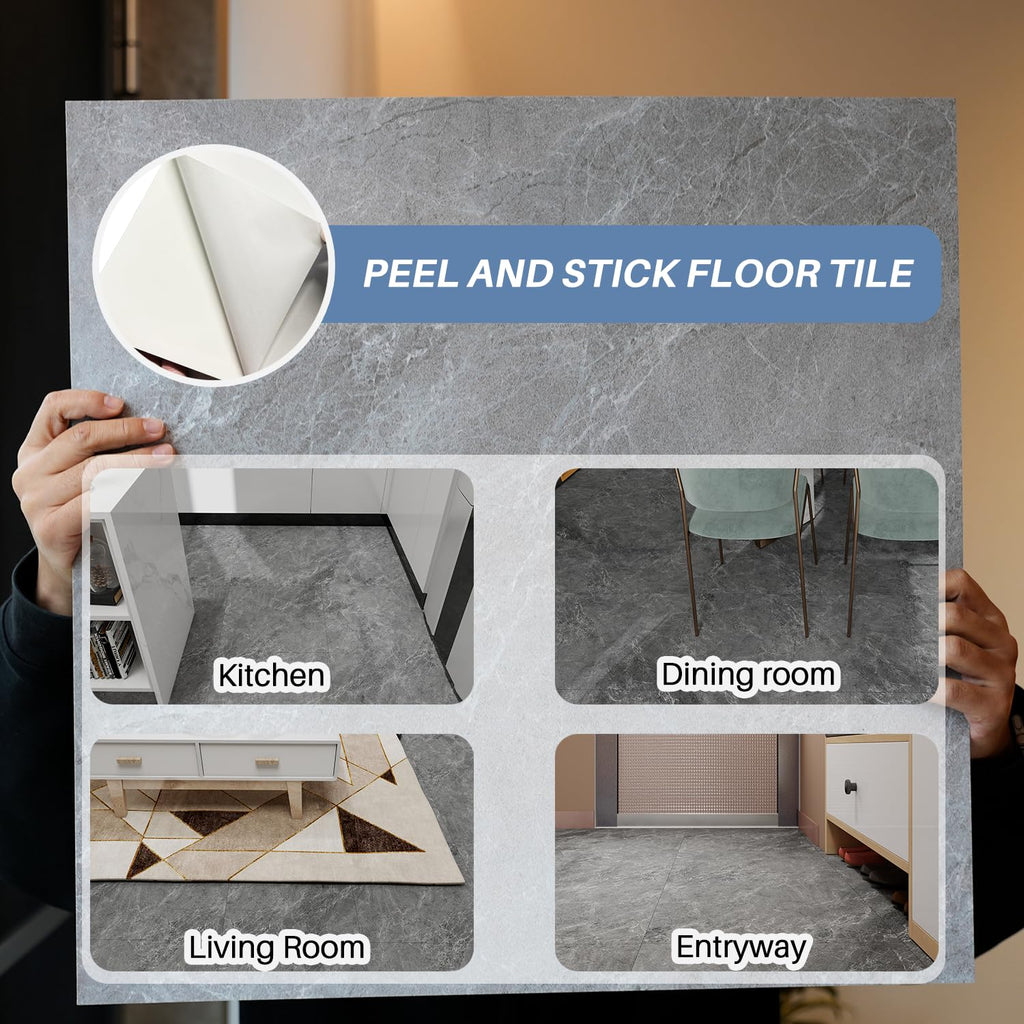 Marble Pattern 24"x 24" Peel and Stick Floor Tiles (Large Format), Grey 12 Tiles/Pack - Covers 48 Sq Ft
