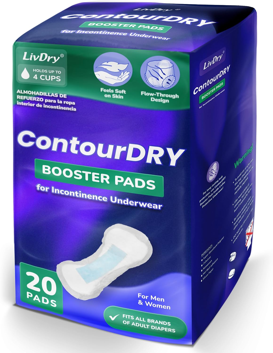 ContourDry Booster Pads XL by LivDry, Adds Max Absorbency to Adult Diapers with Flow-Through Design, Up to 4 Cups
