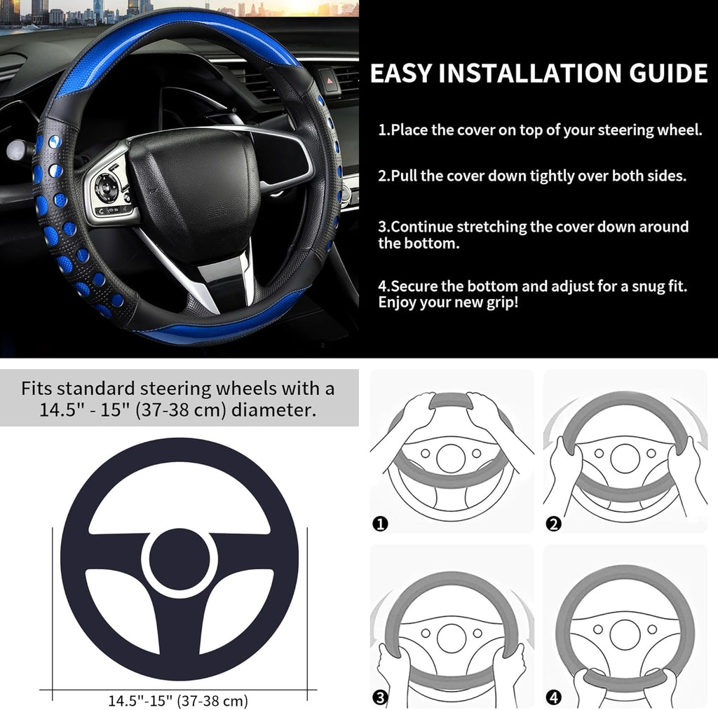 PU Leather Car Steering Wheel Cover with Anti-Slip Grip, for Women and Men, Universal Fit for 14.5-15 Inch Cars