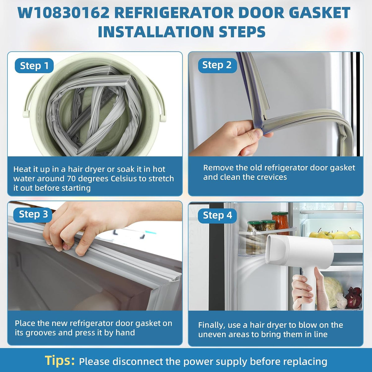 W10830162 Refrigerator Door Seal, 1-Pack French Refrigerator Door Gasket