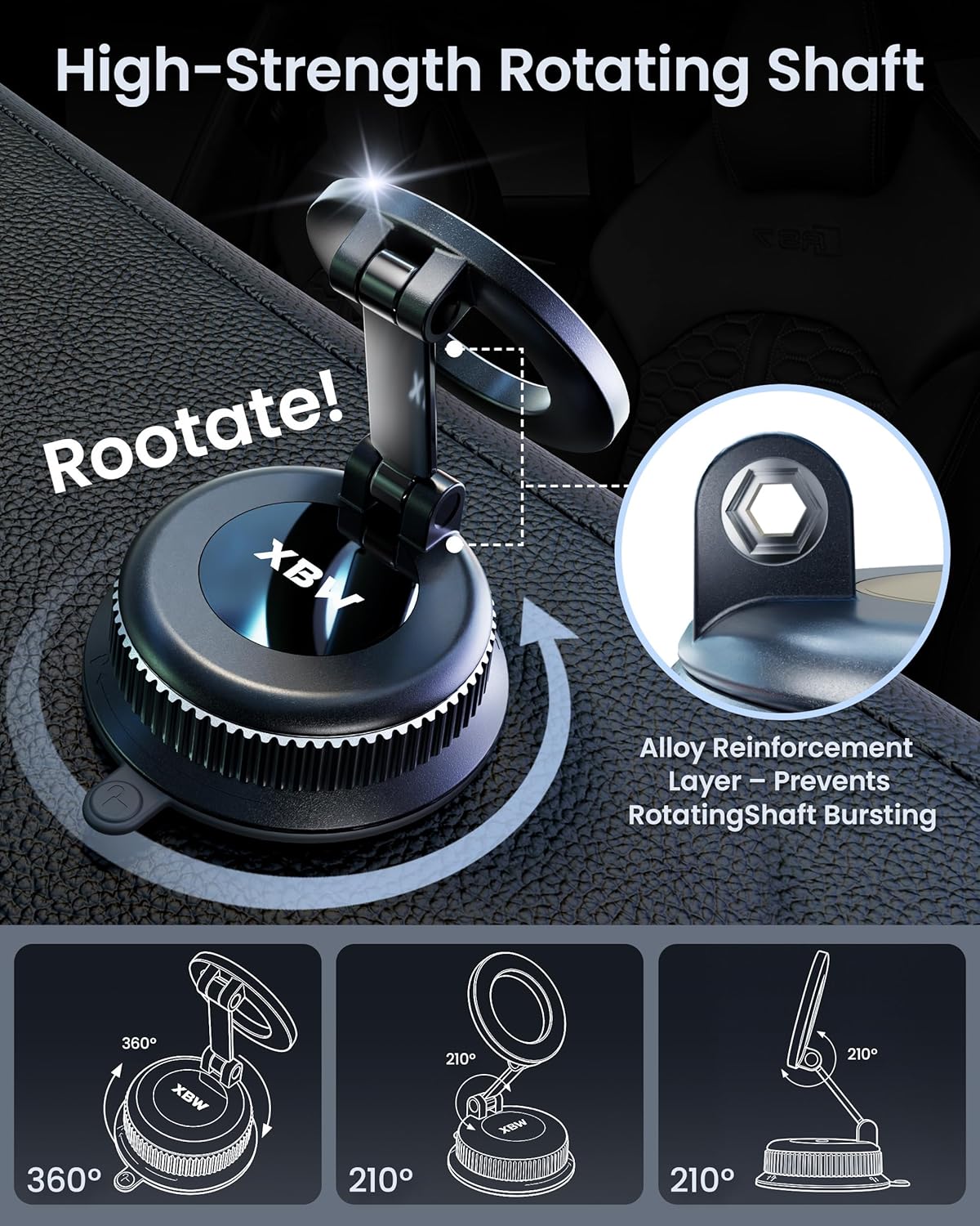 Car Phone Mount with Magnetic Clip for Magsafe & Android 360 Universal Suction Phone Mount for Dashboard Windshield