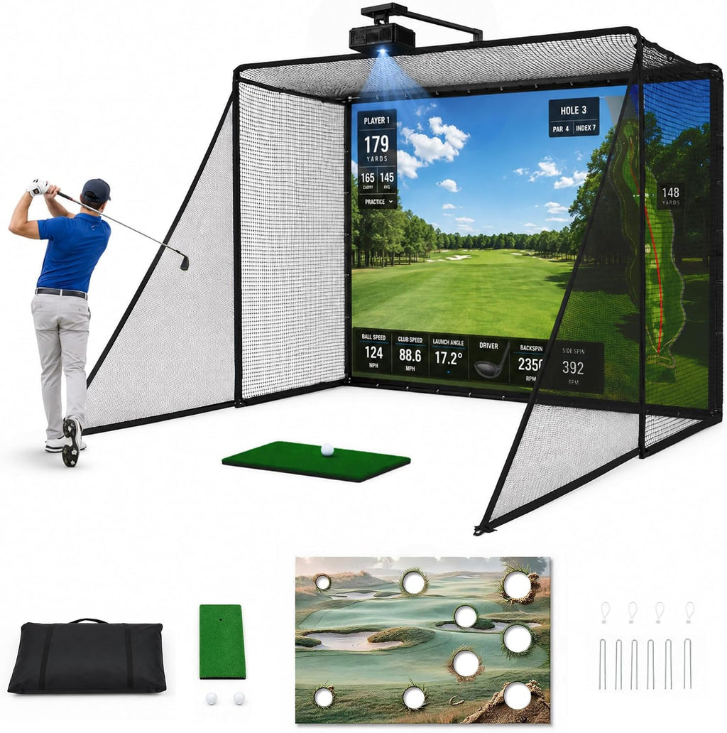 2 in 1 Golf Simulator Net System, 10 x 8ft Golf Practice Net Hitting Net with 4K-Ready Impact Screen, Target Cloth