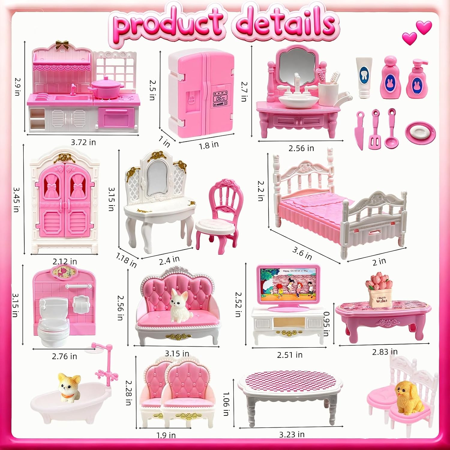 Dollhouse Furniture Set - 38 Pcs,Miniature Accessories with Cat,Dog, Kitchen, Bedroom, Living Room & Bathroom - Doll