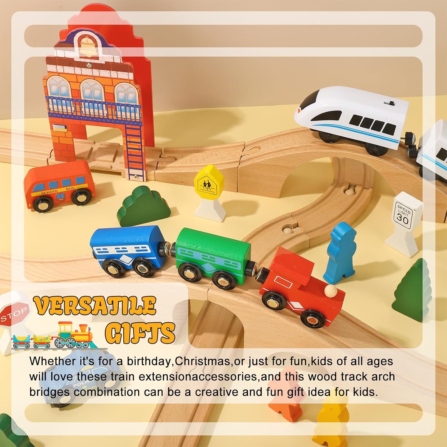 8 Pcs Wood Train Track Expansion Set Wooden Train Bridges Straight Wooden Train Track Accessories for Most Major Toy