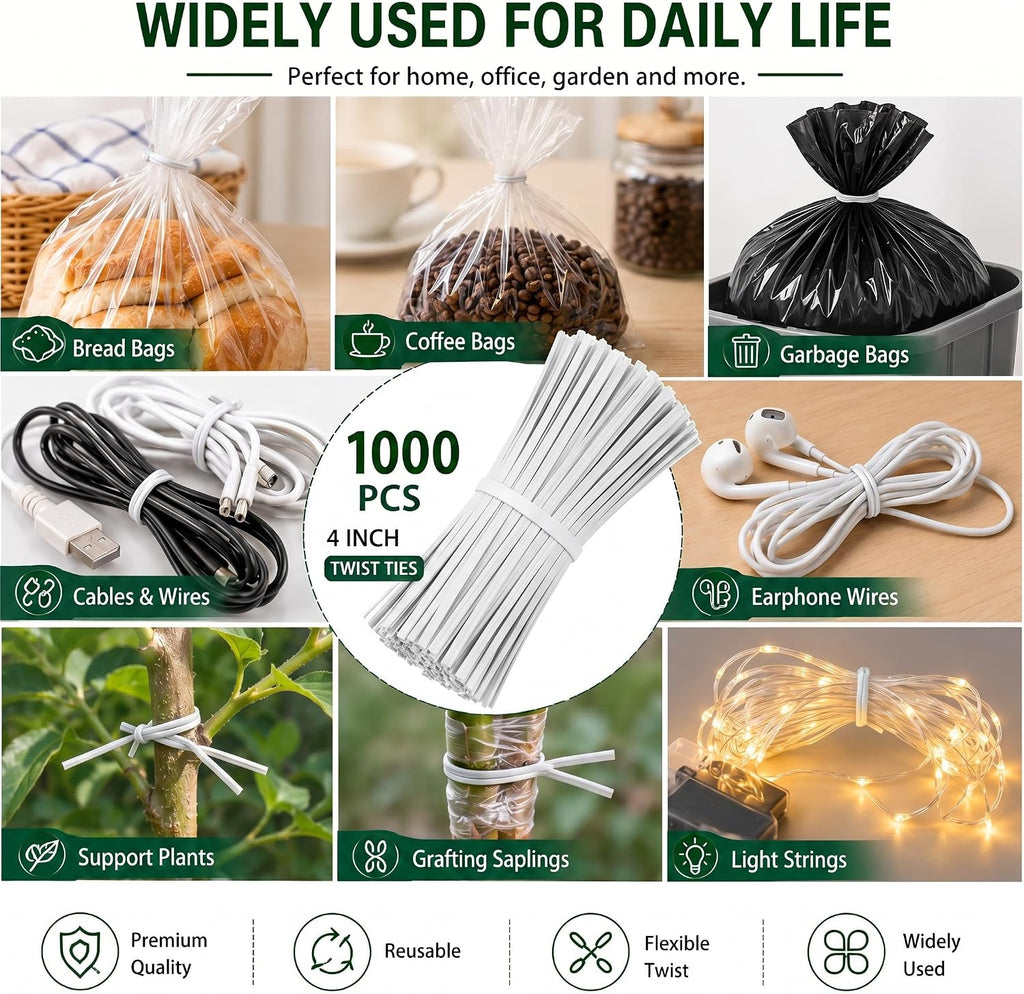 1000pcs 4 Inch Twist Ties - Reusable White Plastic Coated Cable Wire Ties for Bags, Bread,Household and Office