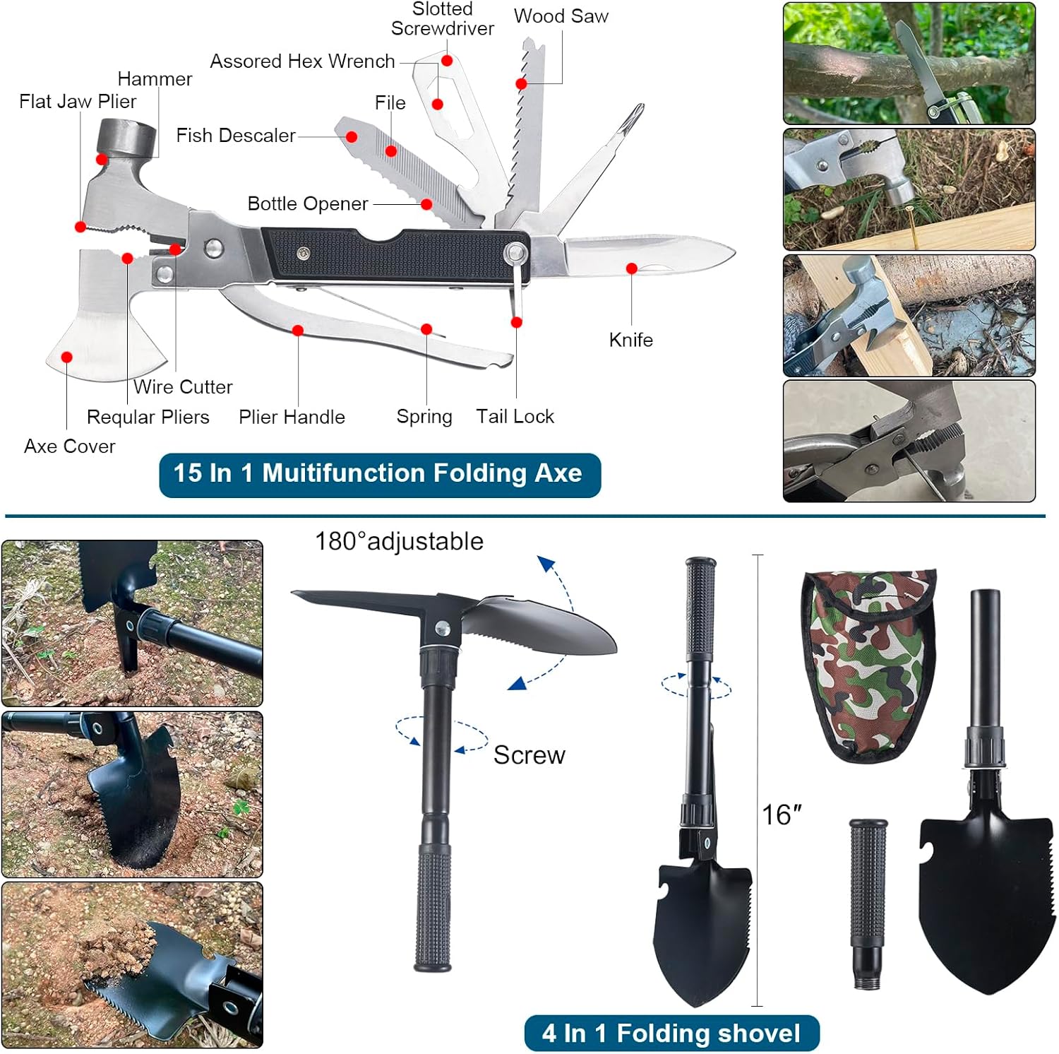 254 in 1 Survival Kit, First Aid Kit for Men | Outdoor Emergencies, Includes Hatchet, Shovel, Flashlight, Tools