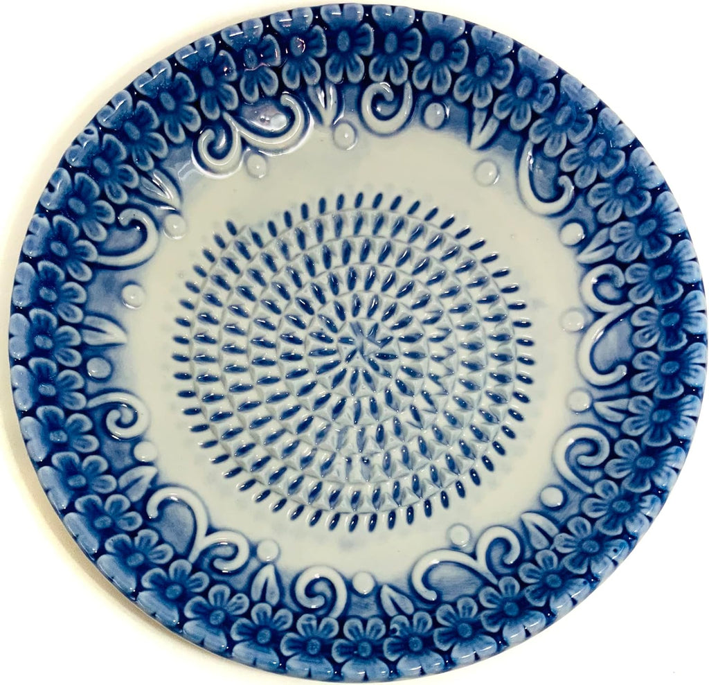 All-in-one Premium Ceramic Garlic Grater Plate 4-Piece Set - Blue Embossed Design and Style - For Garlic, Ginger