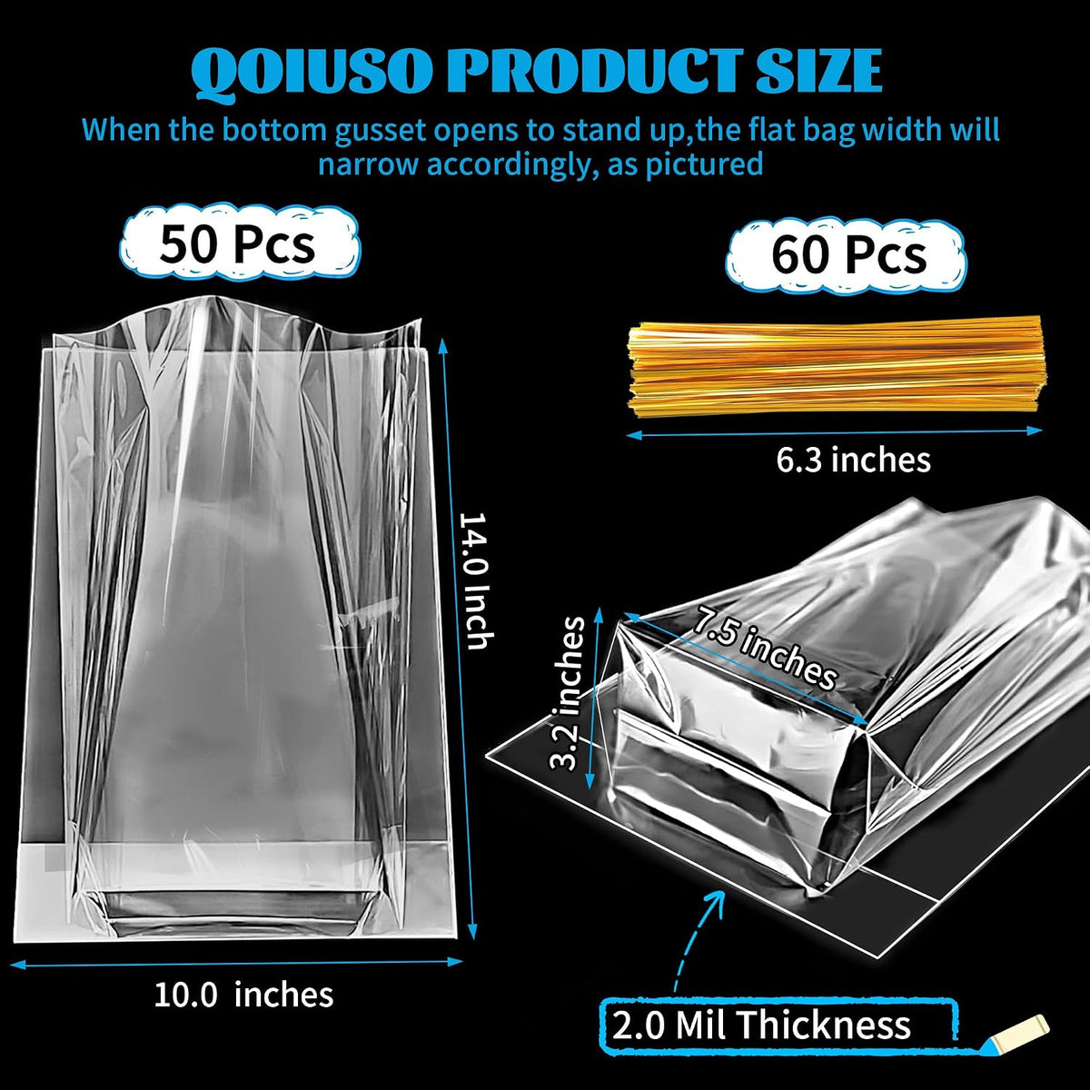 Large Clear Gift Bags 10x14 Inch, 50Pcs Gusseted Cellophane Bags