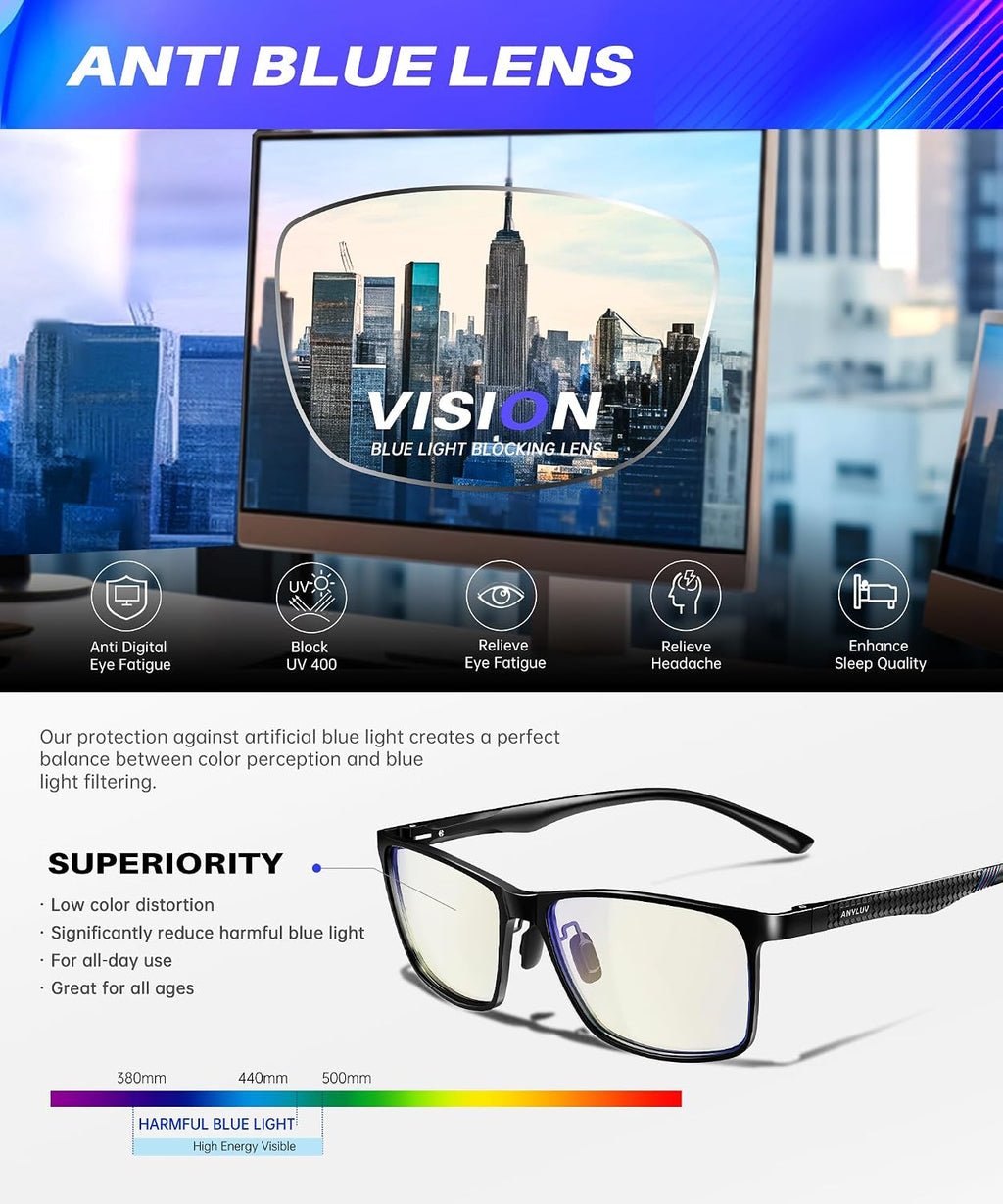 Blue Light Glasses Men, Relieve Eyestrain and Eye Protection, Al-Mg Metal Computer Blue Light Blocking Glasses