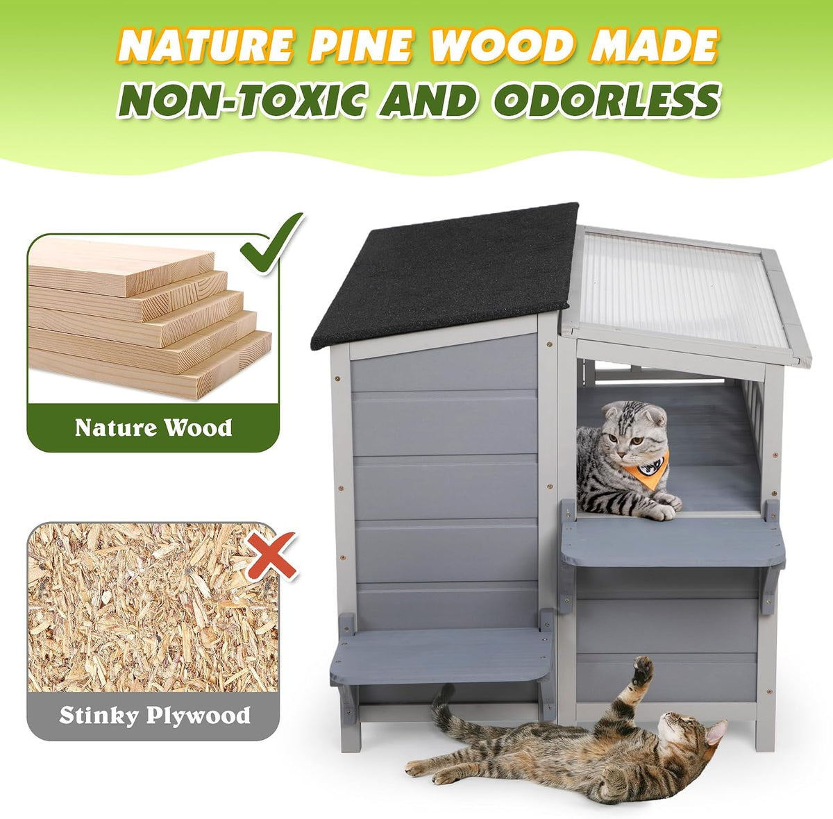 2-Story Insulated Outdoor Cat House with Balcony Weatherproof Summer Cool Cat Shelter with 0.2-inch Insulation Layer