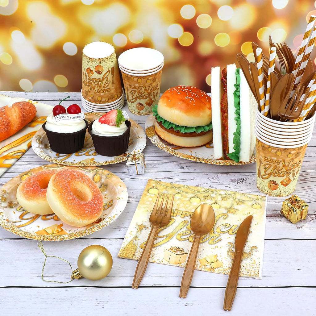 121 Pcs New Years Eve Party Supplies Dinnerware Set, Happy New Years White Gold Tablecloth Banner Plates Cups Napkins