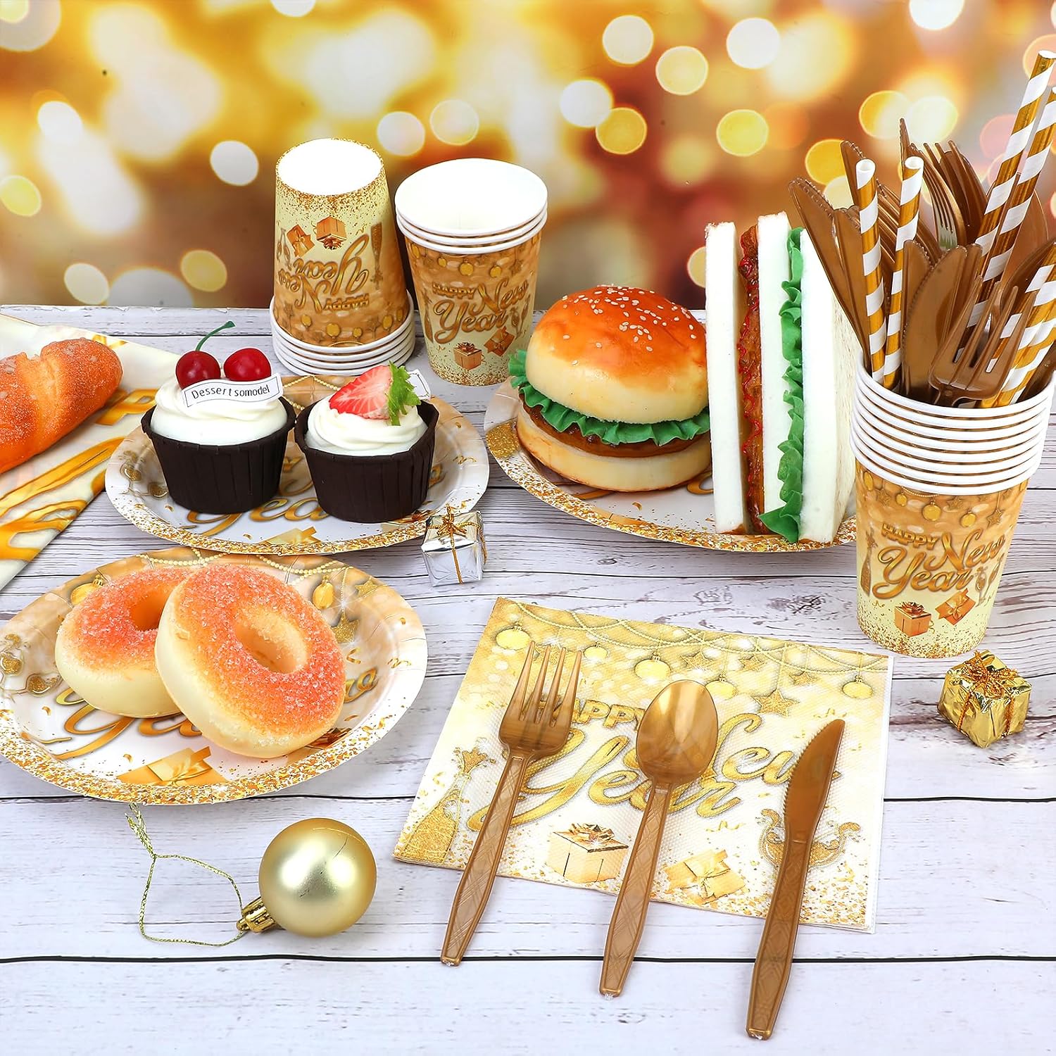 121 Pcs New Years Eve Party Supplies Dinnerware Set, Happy New Years White Gold Tablecloth Banner Plates Cups Napkins