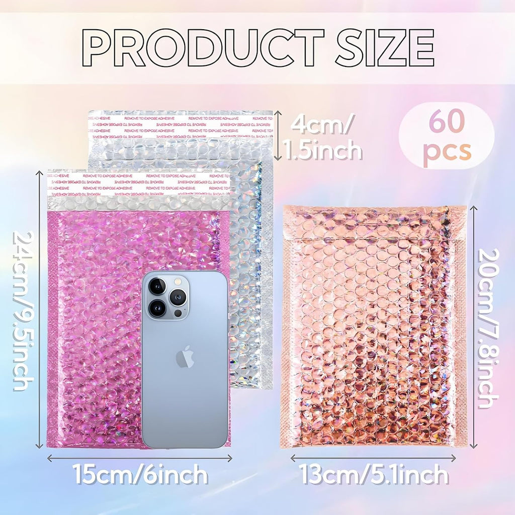 60 Pack Holographic Bubble Mailers, 6 x 9.5 Inch