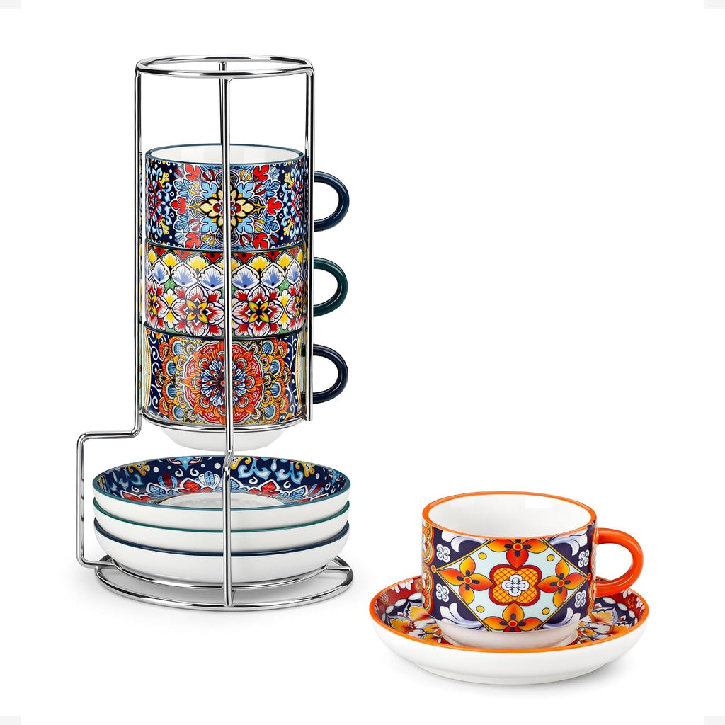 4 Oz Bohemian Espresso Cup Set of 4, Ceramic with Saucers